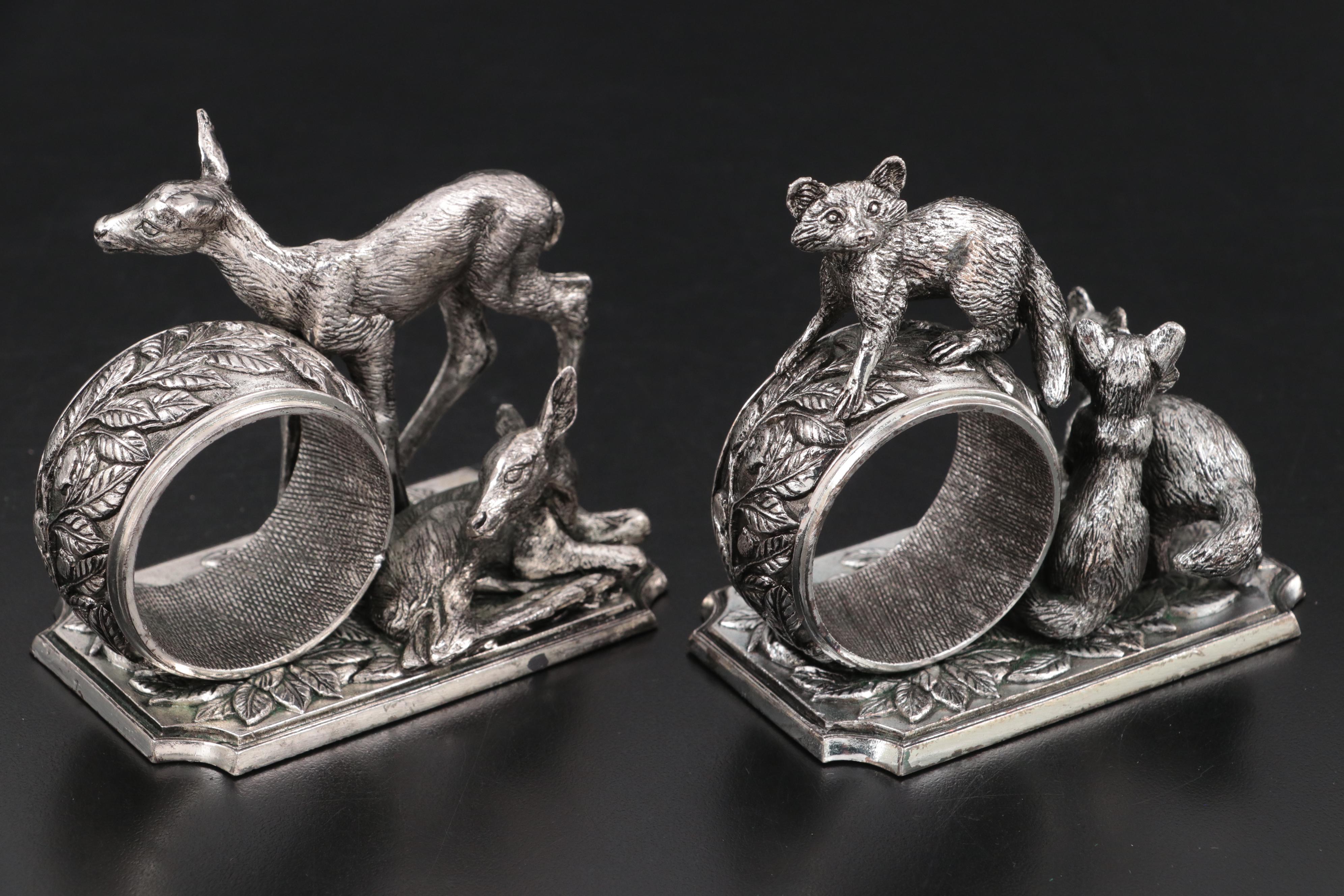 The Franklin Mint "Animals at Play" Silver Plate Sculptured Napkin Rings, 1977