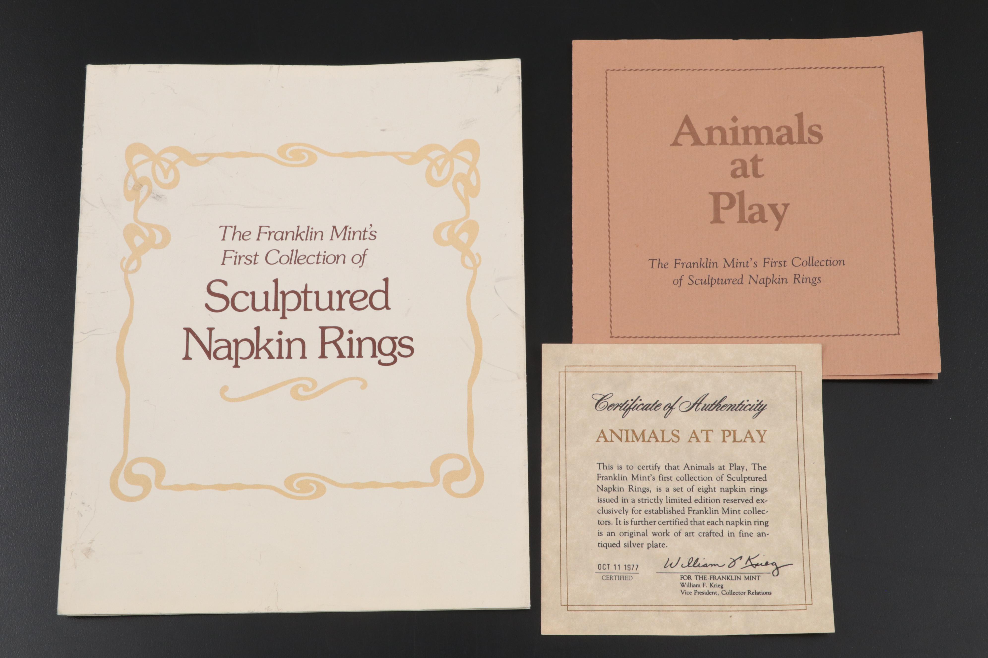 The Franklin Mint "Animals at Play" Silver Plate Sculptured Napkin Rings, 1977