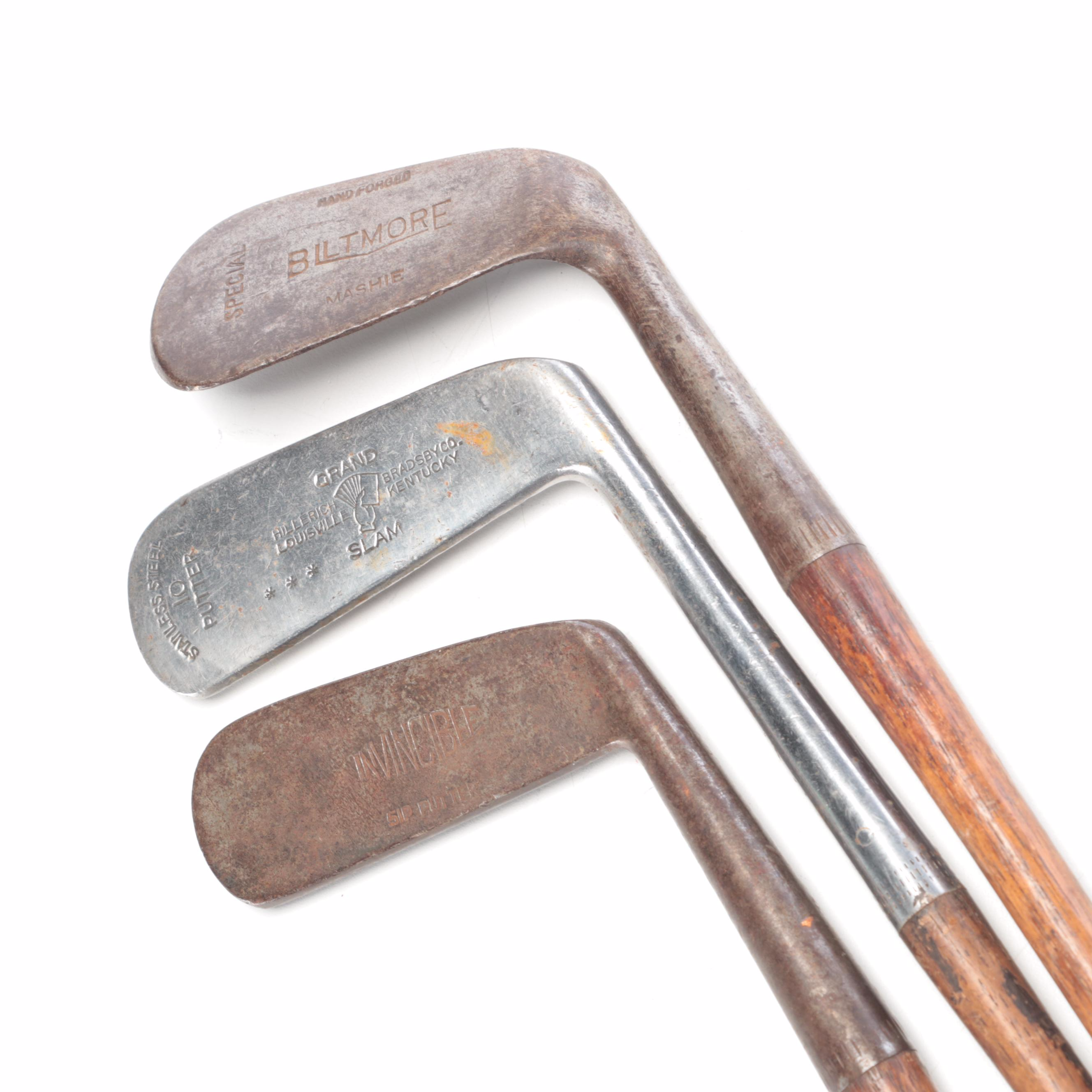 Three LeatherWrapped HickoryShaft Golf Clubs, Incl. "Invincible
