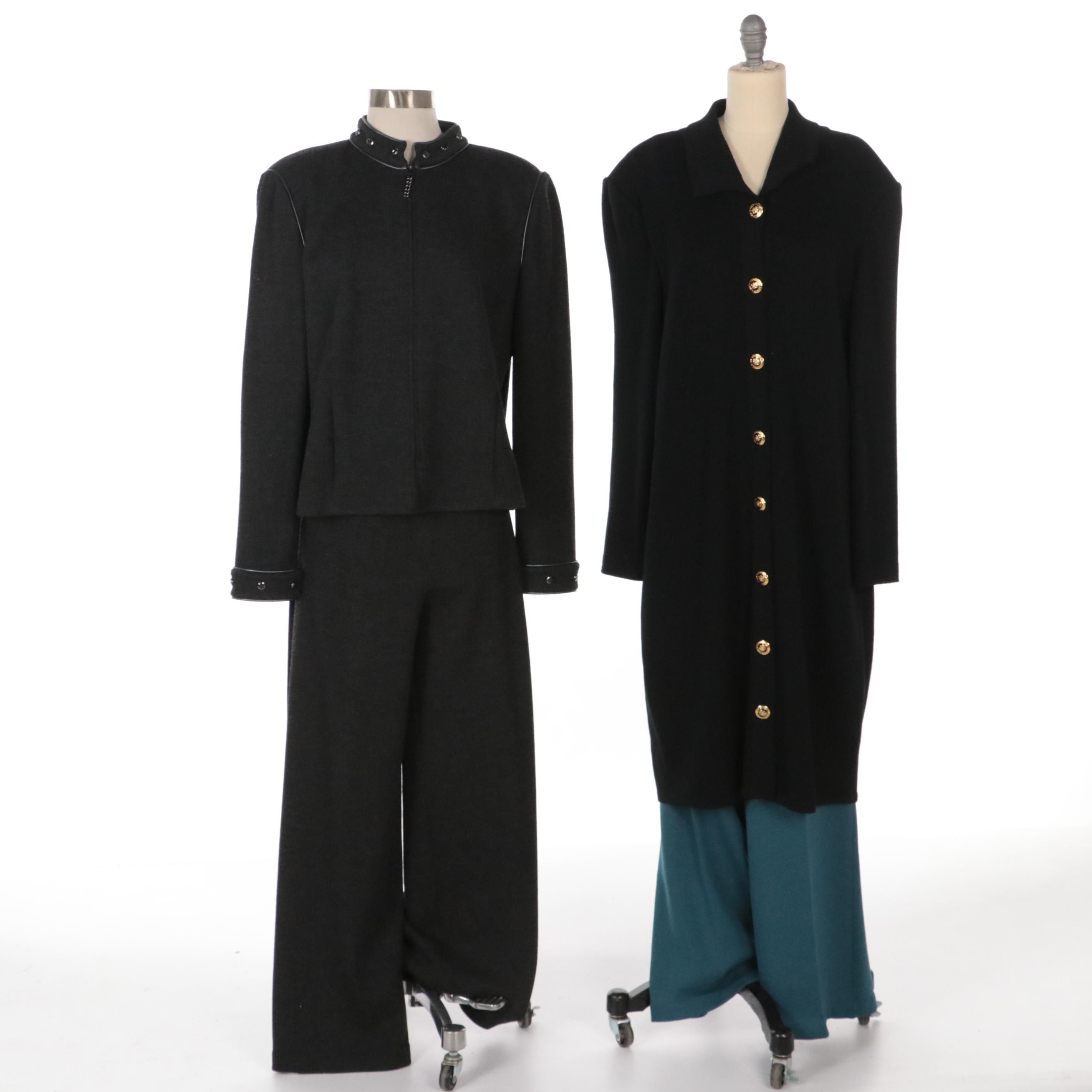 St. John Studded Charcoal Grey Pant Suit with Long Cardigan and Steel Blue Pants
