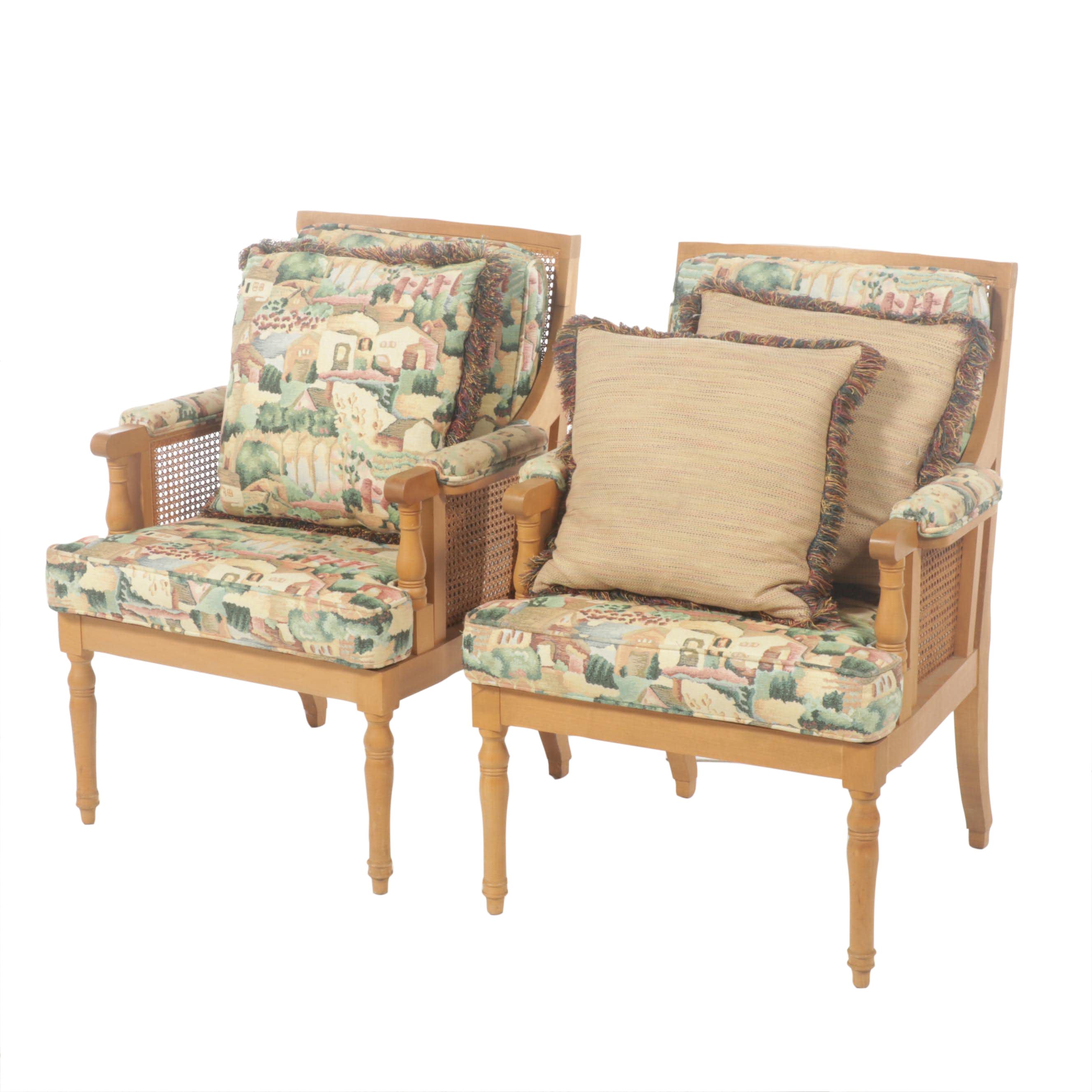 Pair of Louis XVI Style Maple, Caned, and Custom-Upholstered Bergères