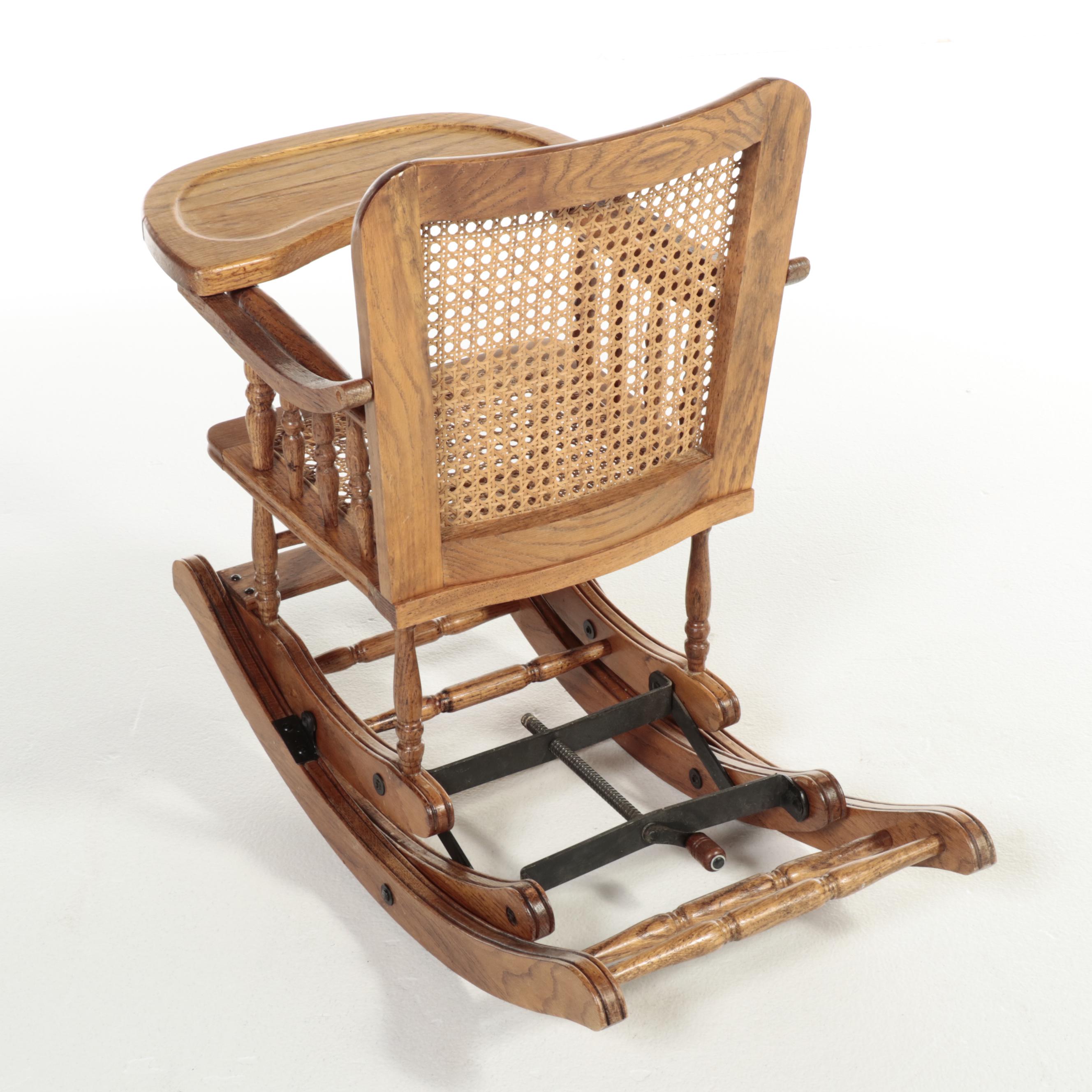 Late Victorian Oak and Caned Convertible High Chair, 1910-1930