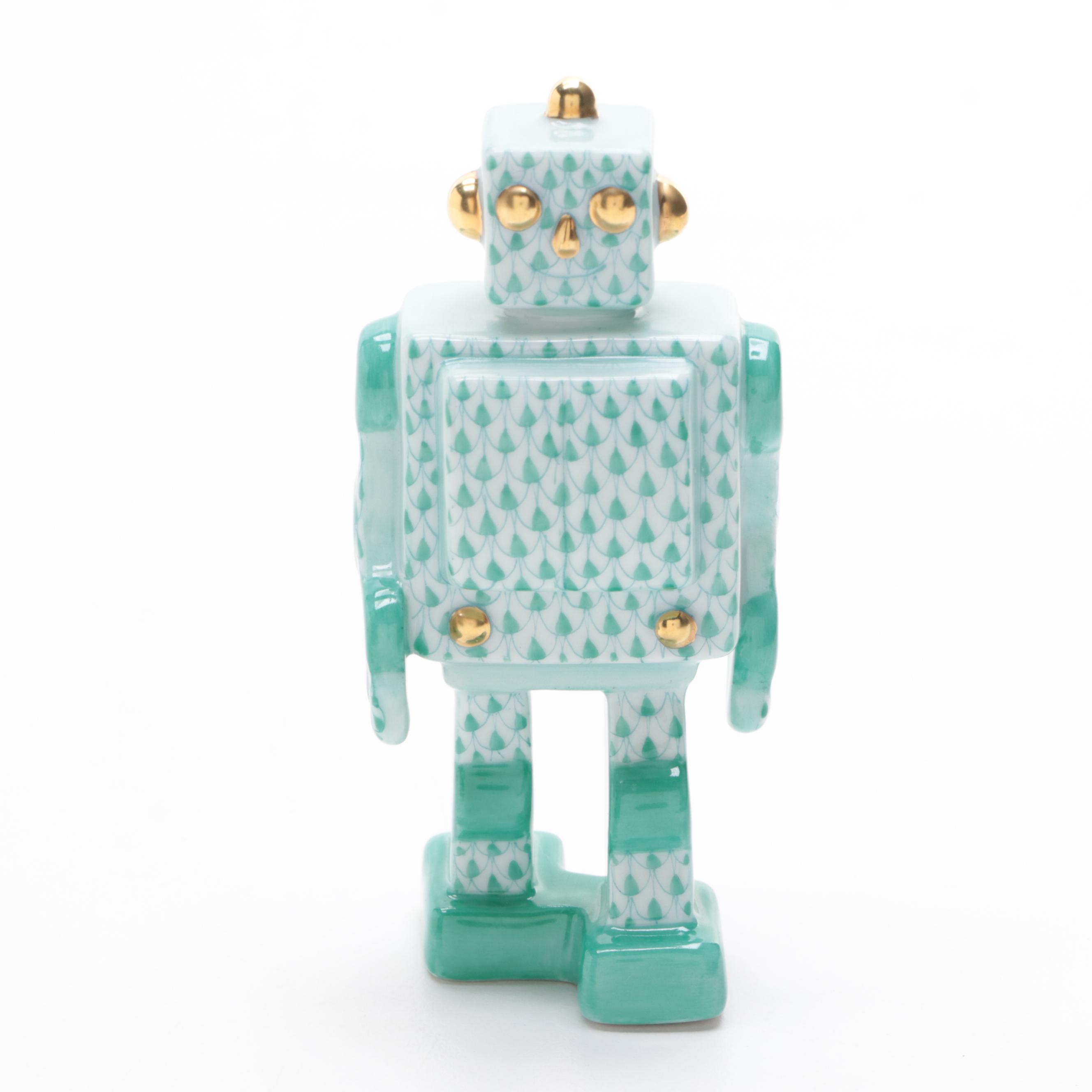 Herend Green Fishnet with Gold "Toy Robot" Porcelain Figurine