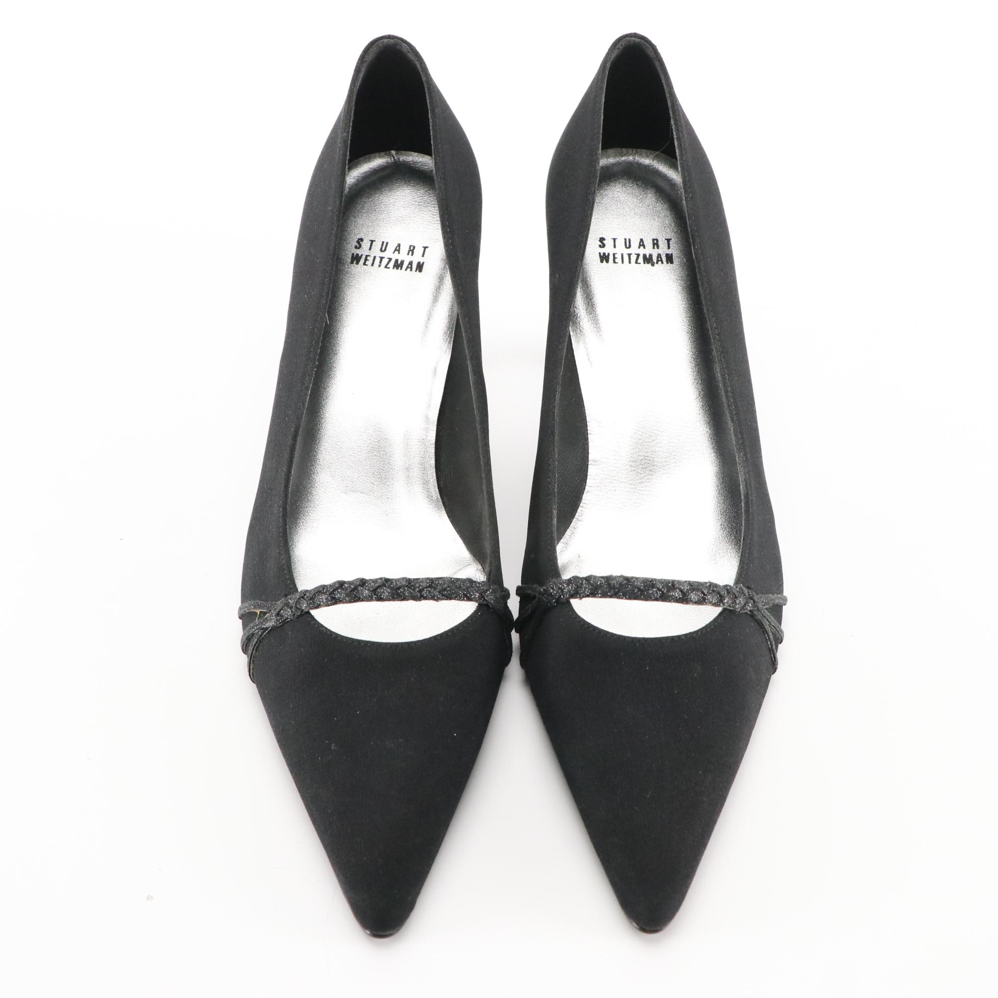 Stuart Weitzman Glitter Braid Embellished Pointy Toe Pumps in Black EBTH
