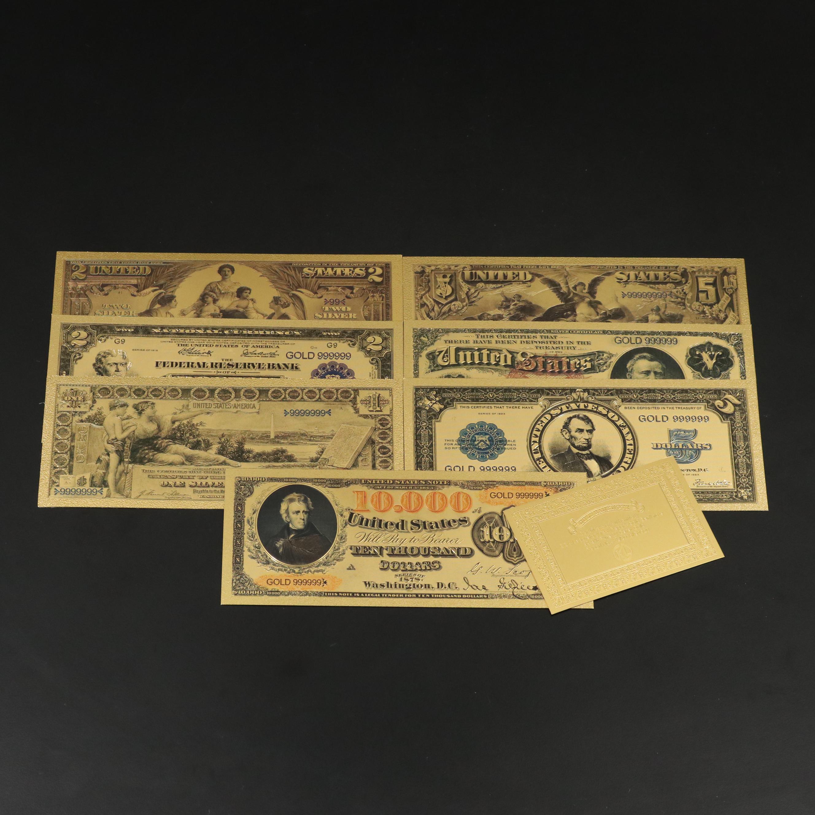 Seven-Piece 24K Gold Foil Obsolete U.S. Banknotes Replica Set