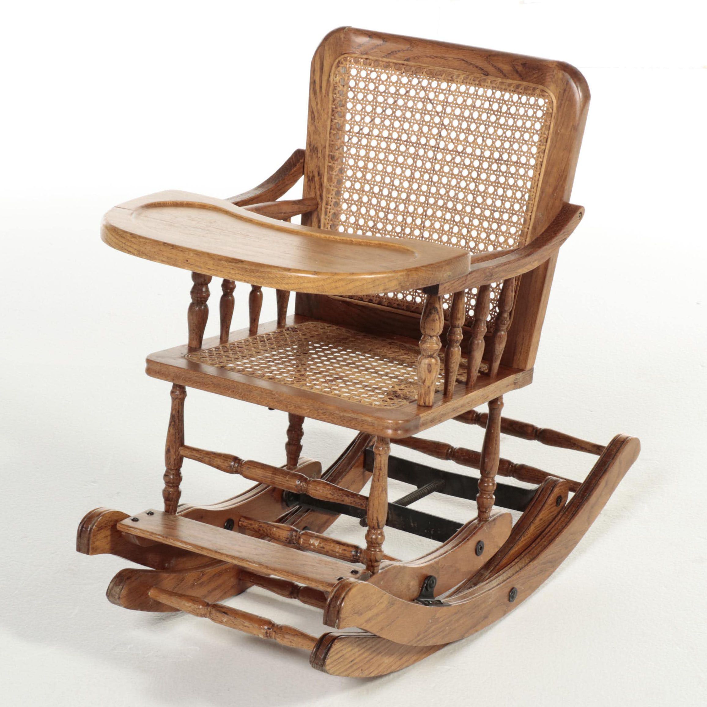 Late Victorian Oak and Caned Convertible High Chair, 1910-1930