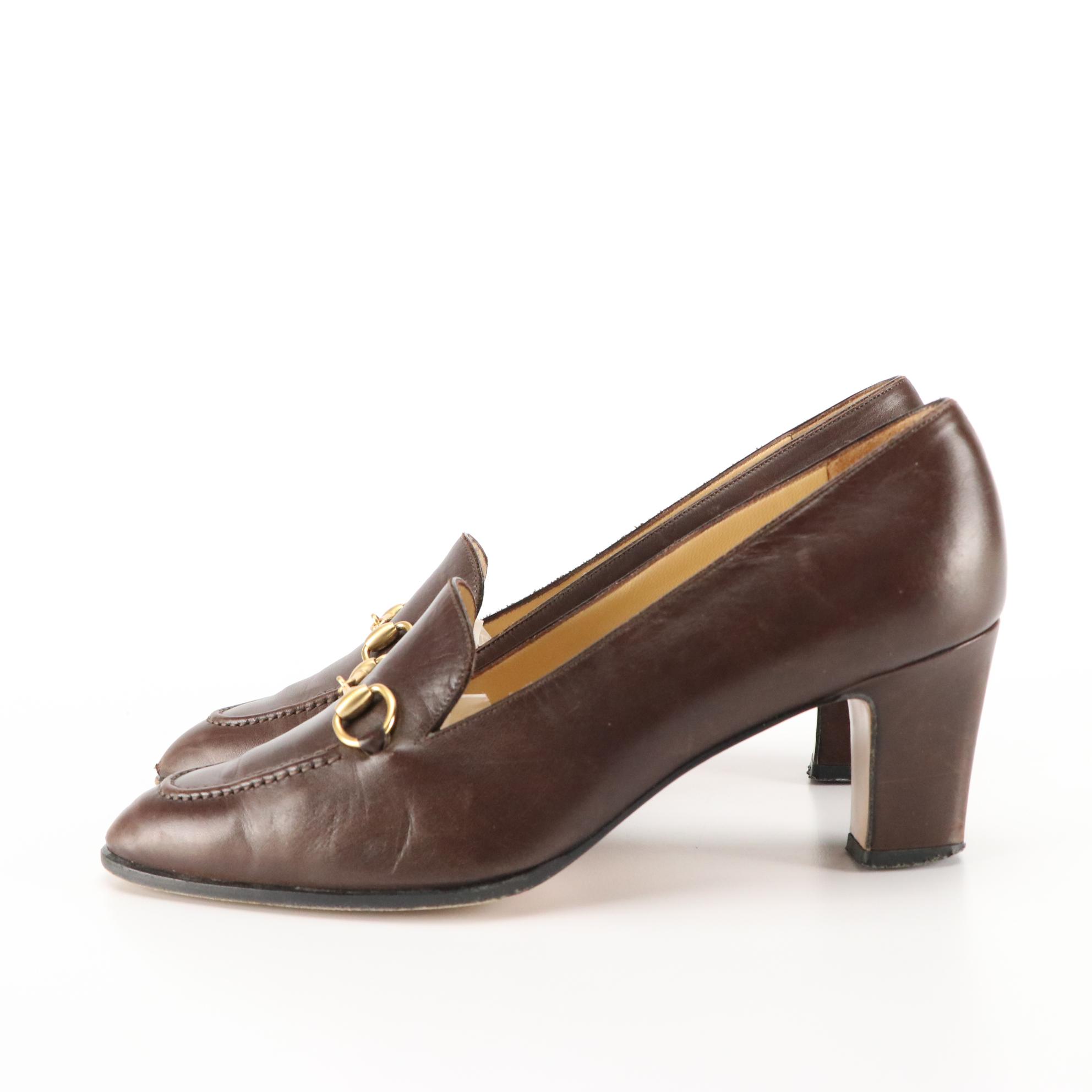 Gucci Heeled Horsebit Loafers in Dark Brown Leather