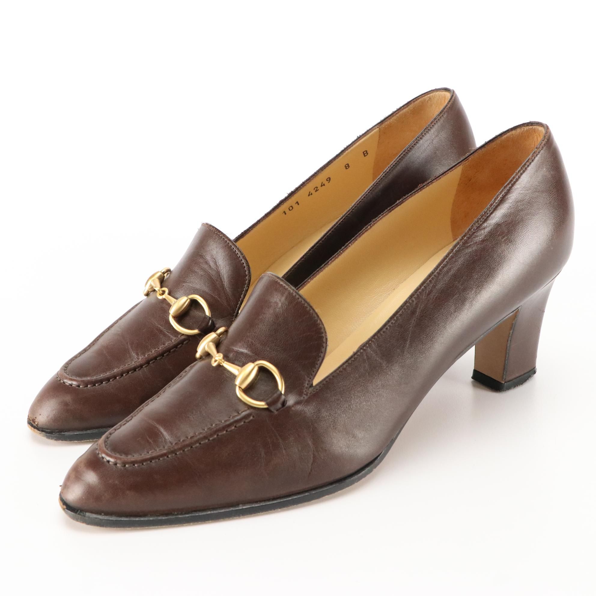 Gucci Heeled Horsebit Loafers in Dark Brown Leather