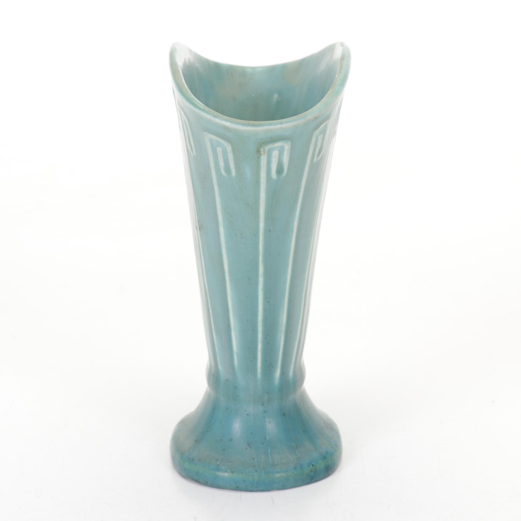 Rookwood Pottery Mottled Blue Glaze "Greek Key" Ceramic Fan Vase, 1926