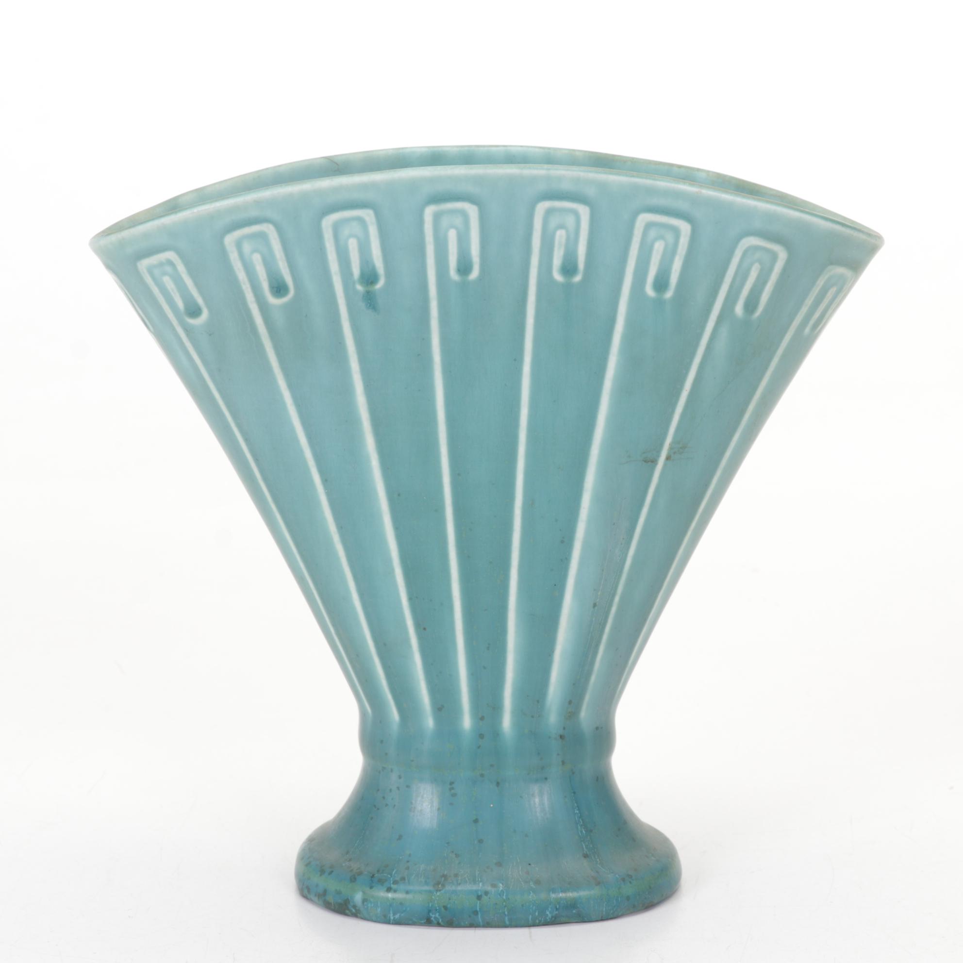 Rookwood Pottery Mottled Blue Glaze "Greek Key" Ceramic Fan Vase, 1926