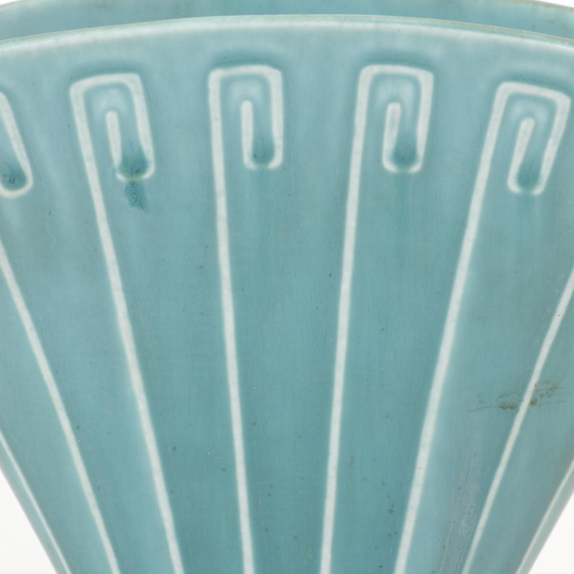 Rookwood Pottery Mottled Blue Glaze "Greek Key" Ceramic Fan Vase, 1926