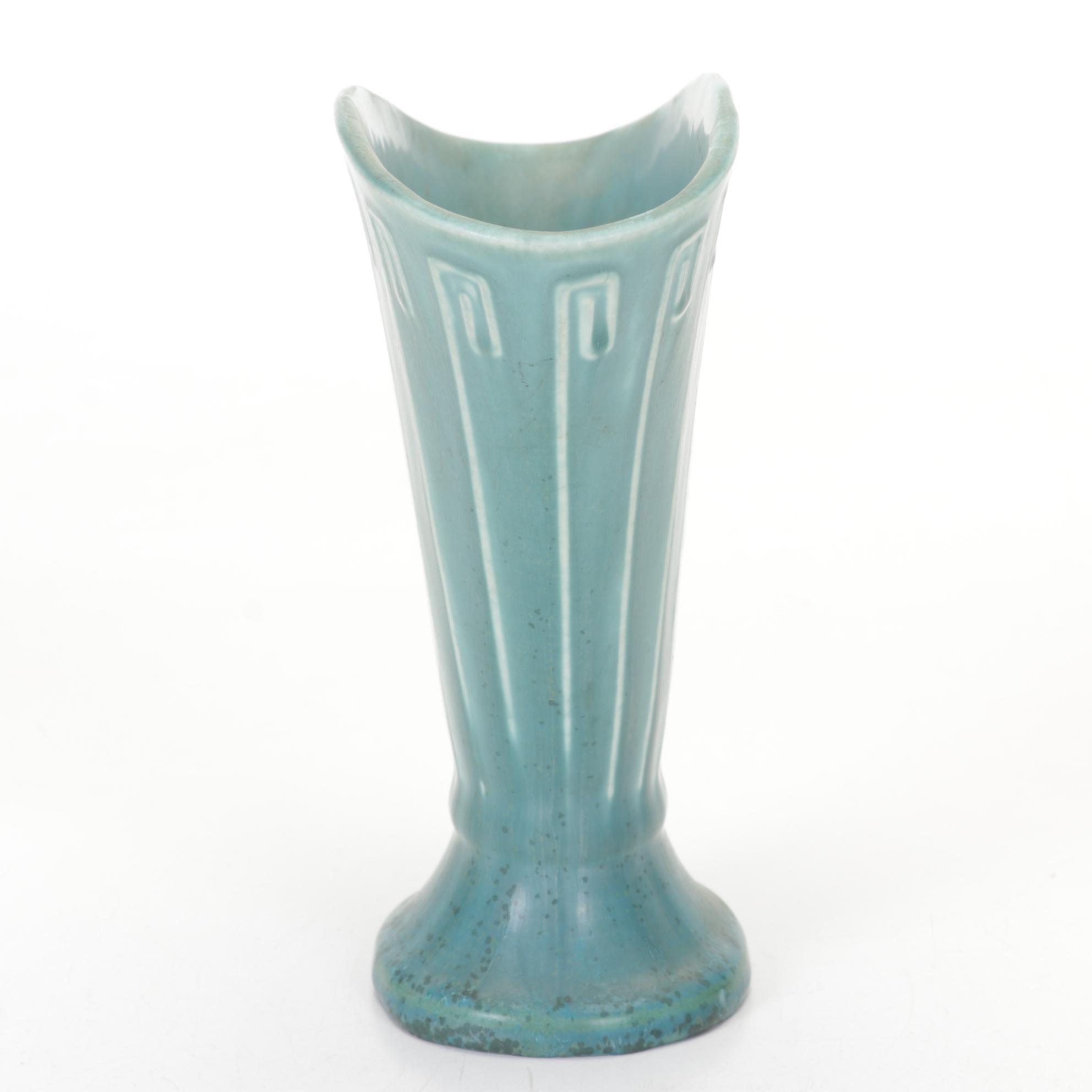 Rookwood Pottery Mottled Blue Glaze "Greek Key" Ceramic Fan Vase, 1926