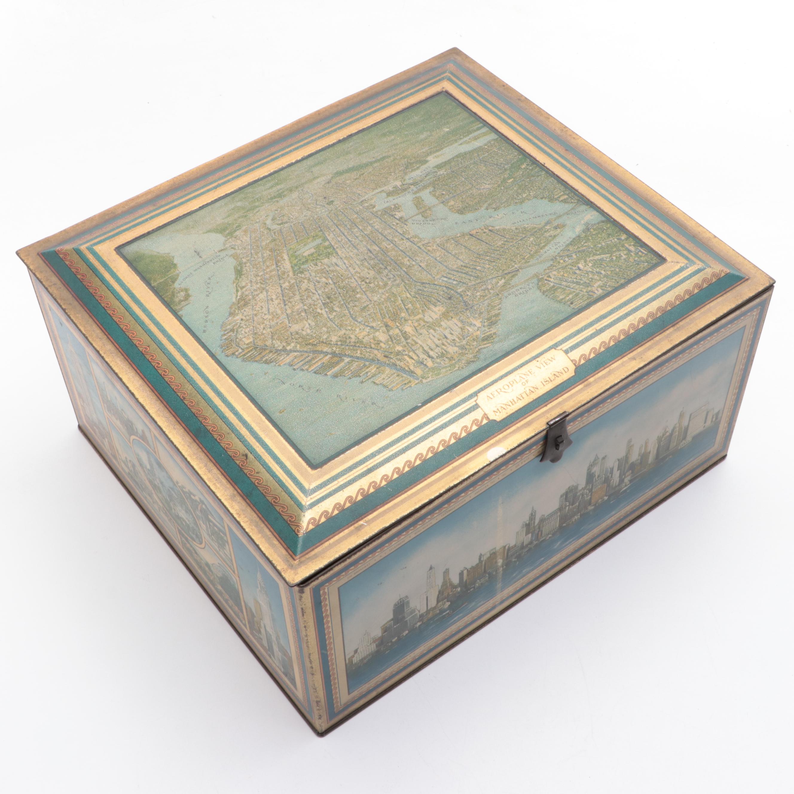 Beechnut Aerial View of Manhattan Island Lithograph Candy Tin, 1930s