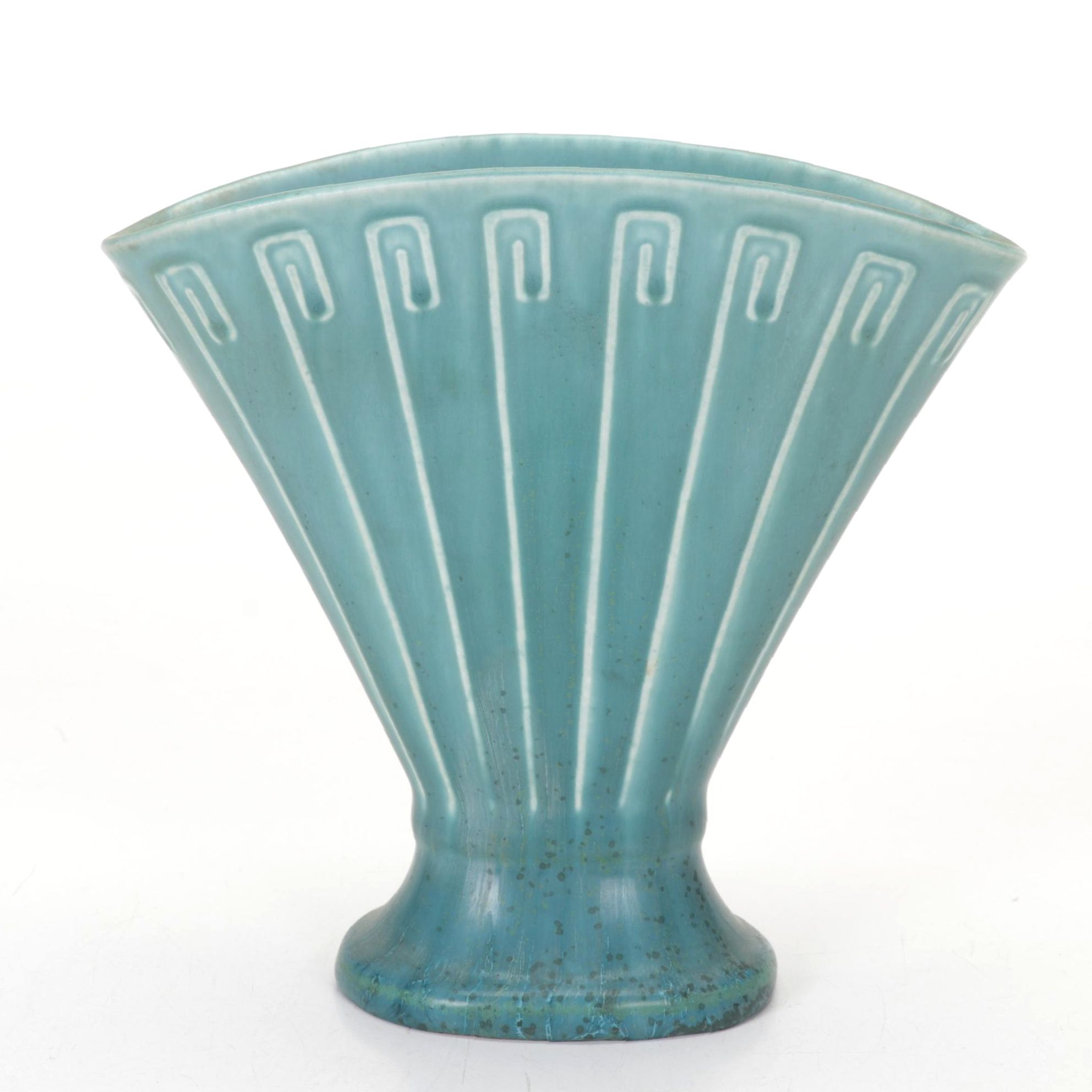 Rookwood Pottery Mottled Blue Glaze "Greek Key" Ceramic Fan Vase, 1926