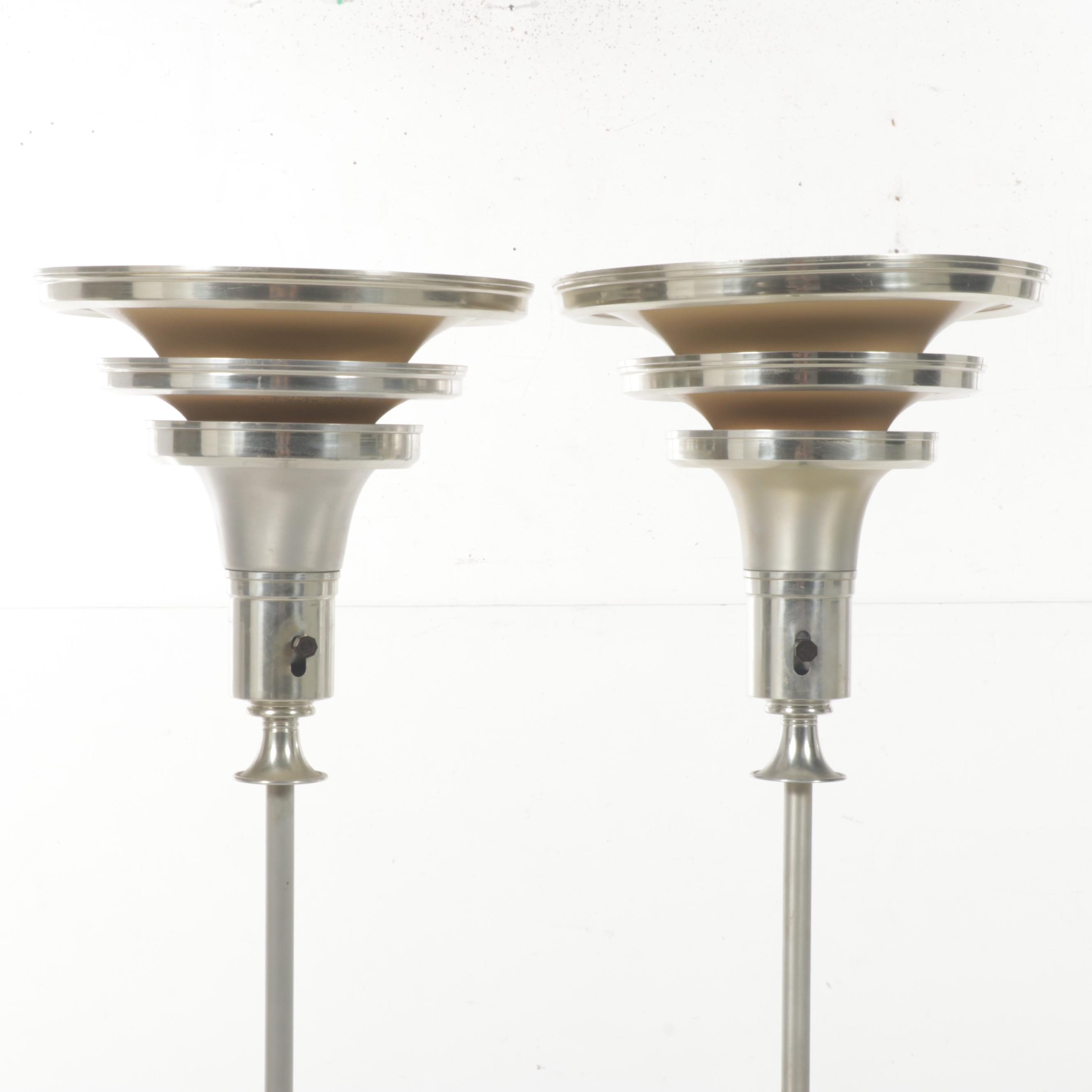 Pair of Art Deco Brushed and Painted Aluminum Torchieres, circa 1930