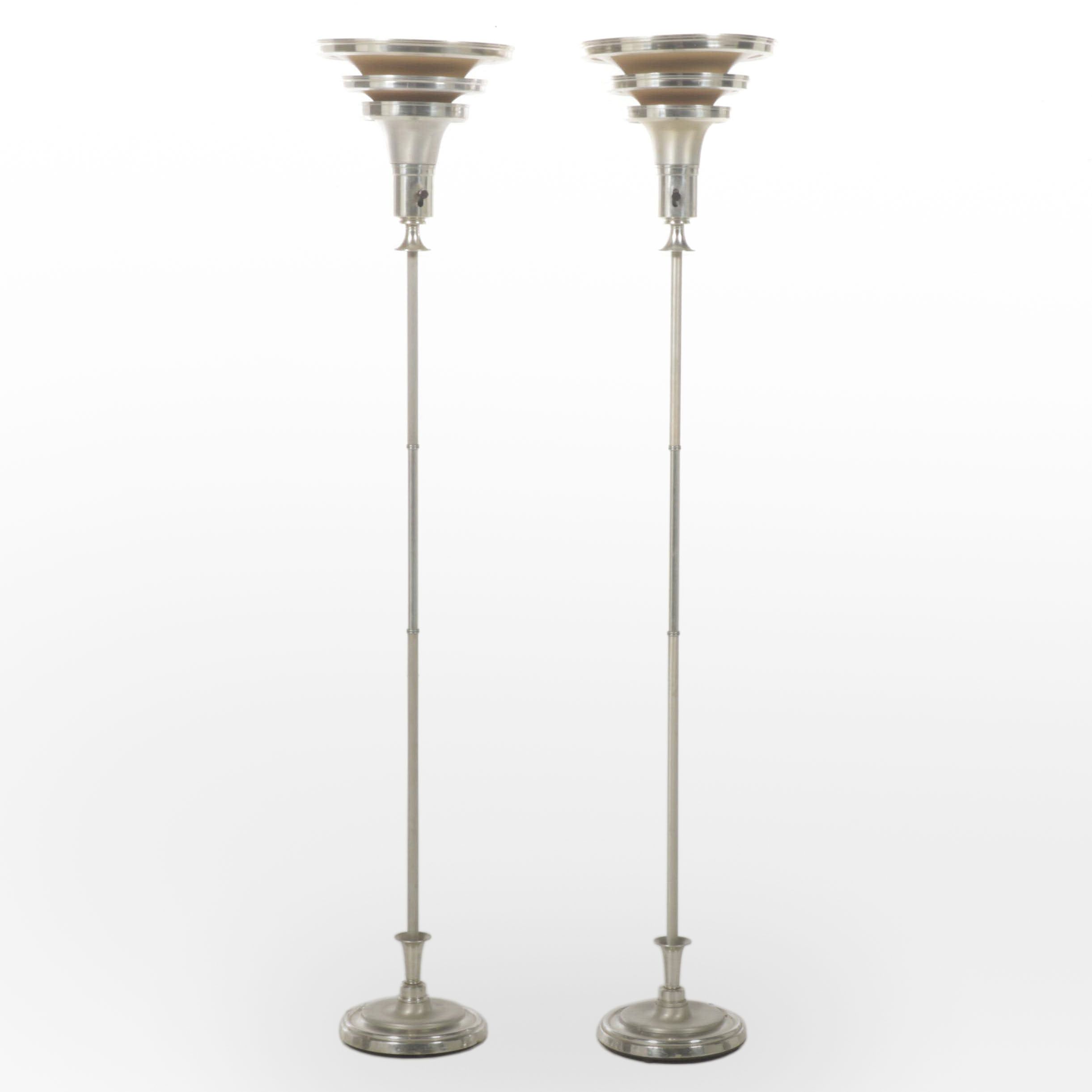 Pair of Art Deco Brushed and Painted Aluminum Torchieres, circa 1930