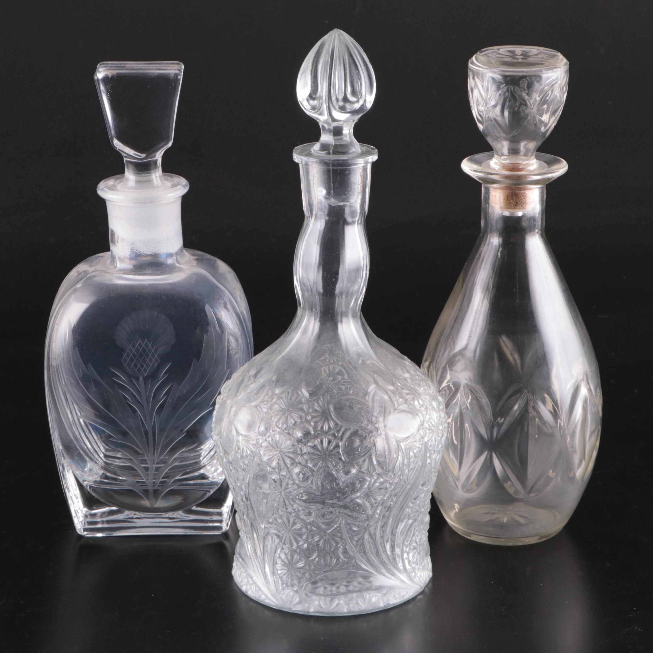 Owens-Illinois Glass Co. Glass Liquor Bottle with Floral Motif Glass Decanters