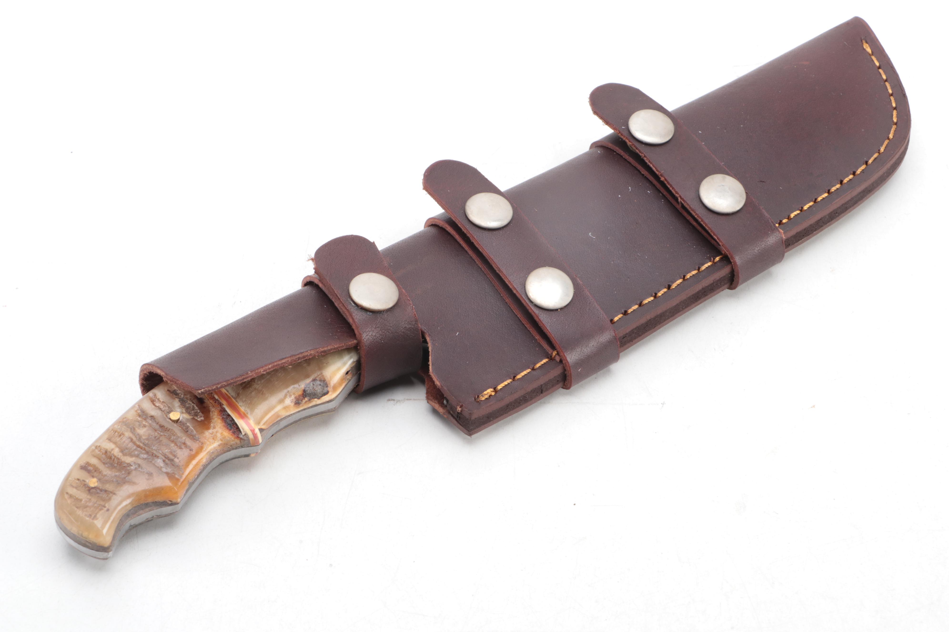 Damascus Steel Fixed Blade Double Edged Knives With Leather Holsters