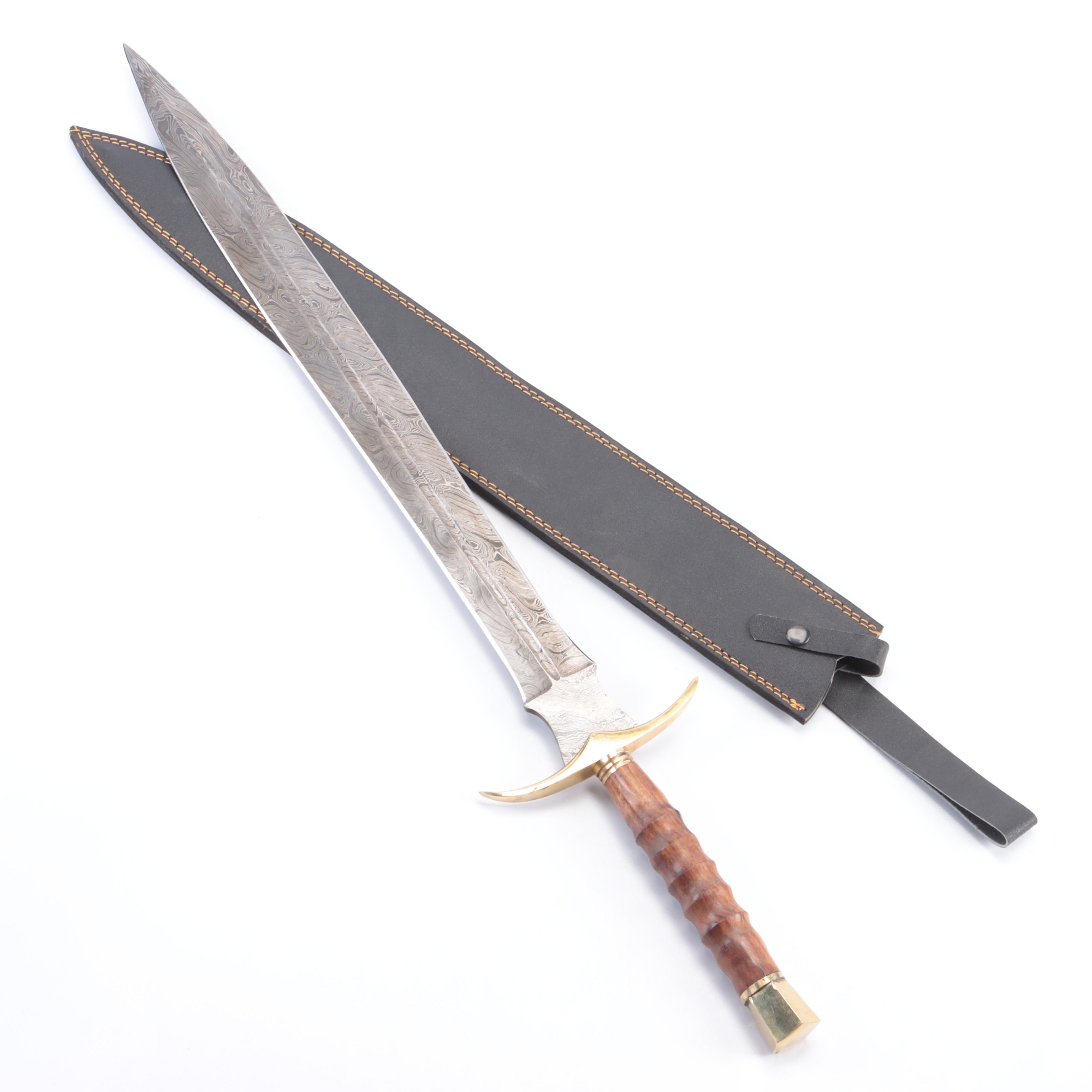 Damascus Steel Fixed Blade Dagger with Leather Scabbard