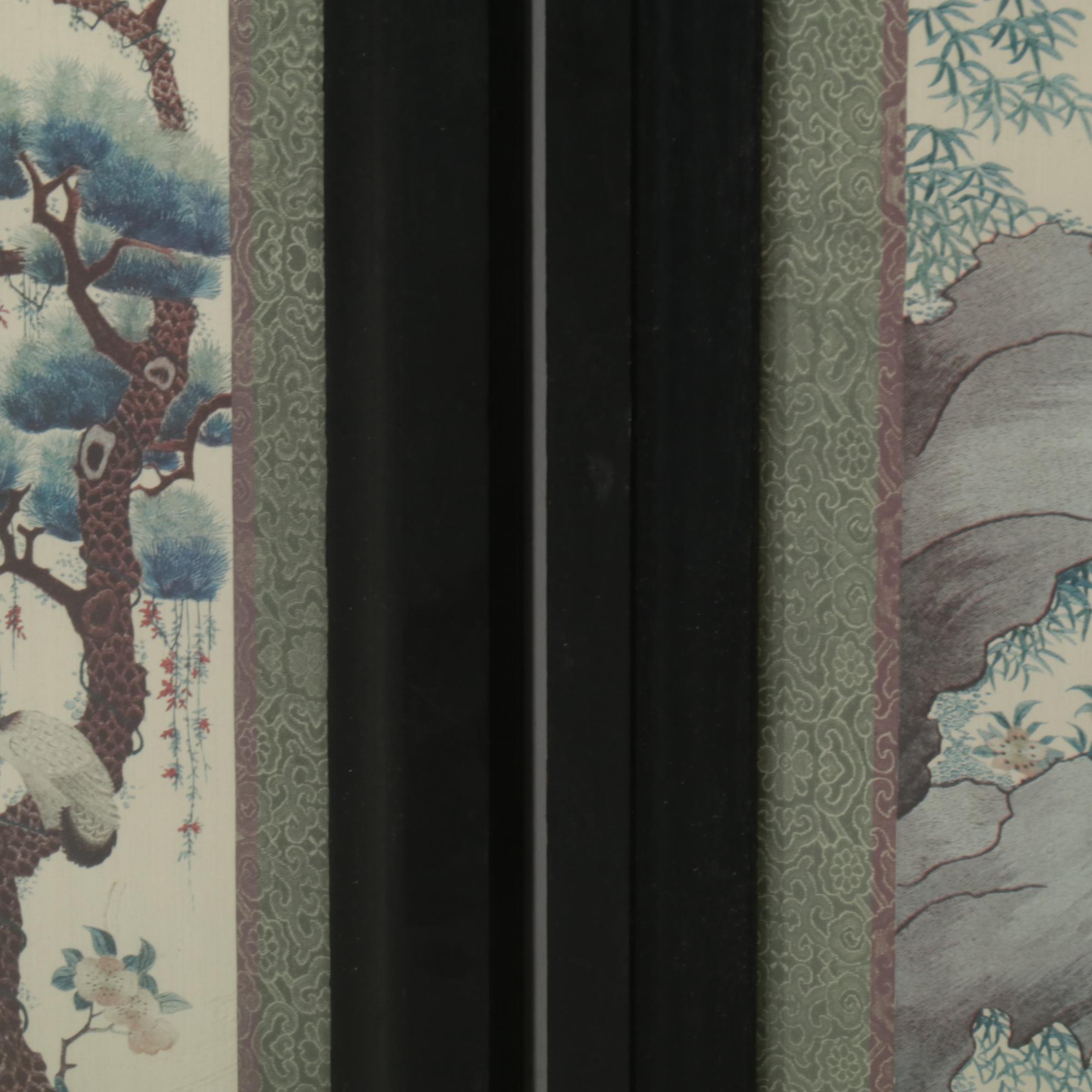 Brocaded Chinese Water Fowl and Willow Tree Panels, 18th to 19th Century