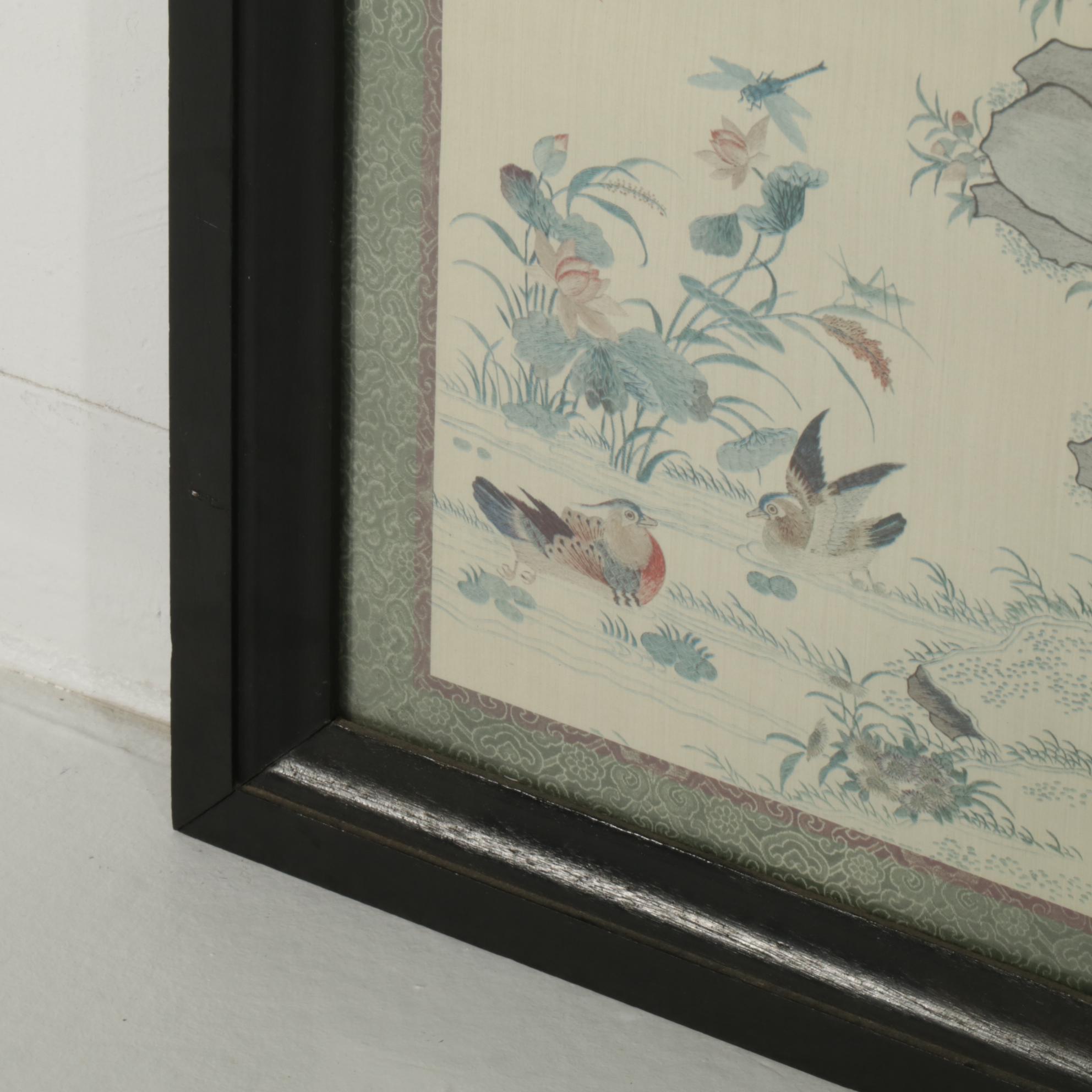 Brocaded Chinese Water Fowl and Willow Tree Panels, 18th to 19th Century