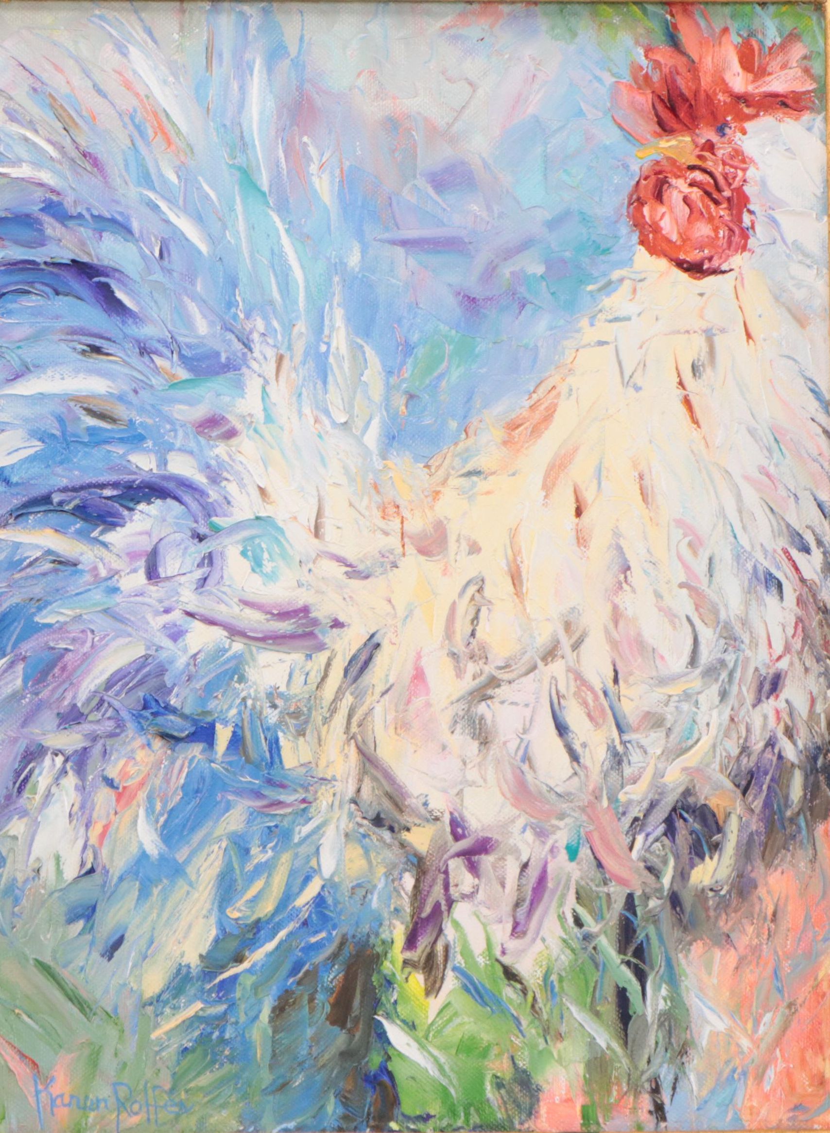 Karen Rolfes Impasto Oil Painting of Rooster "In Charge"