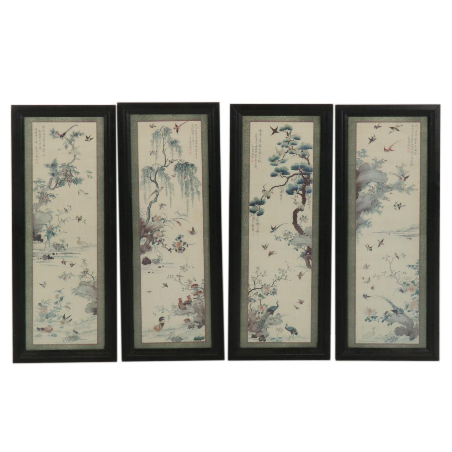 Brocaded Chinese Water Fowl and Willow Tree Panels, 18th to 19th Century