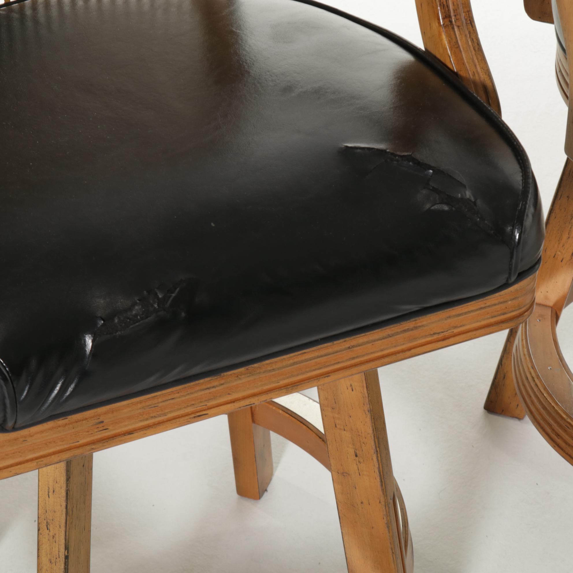 Five Mikhail Darafeev Cane Back Maple Swivel Barstools and Armchair