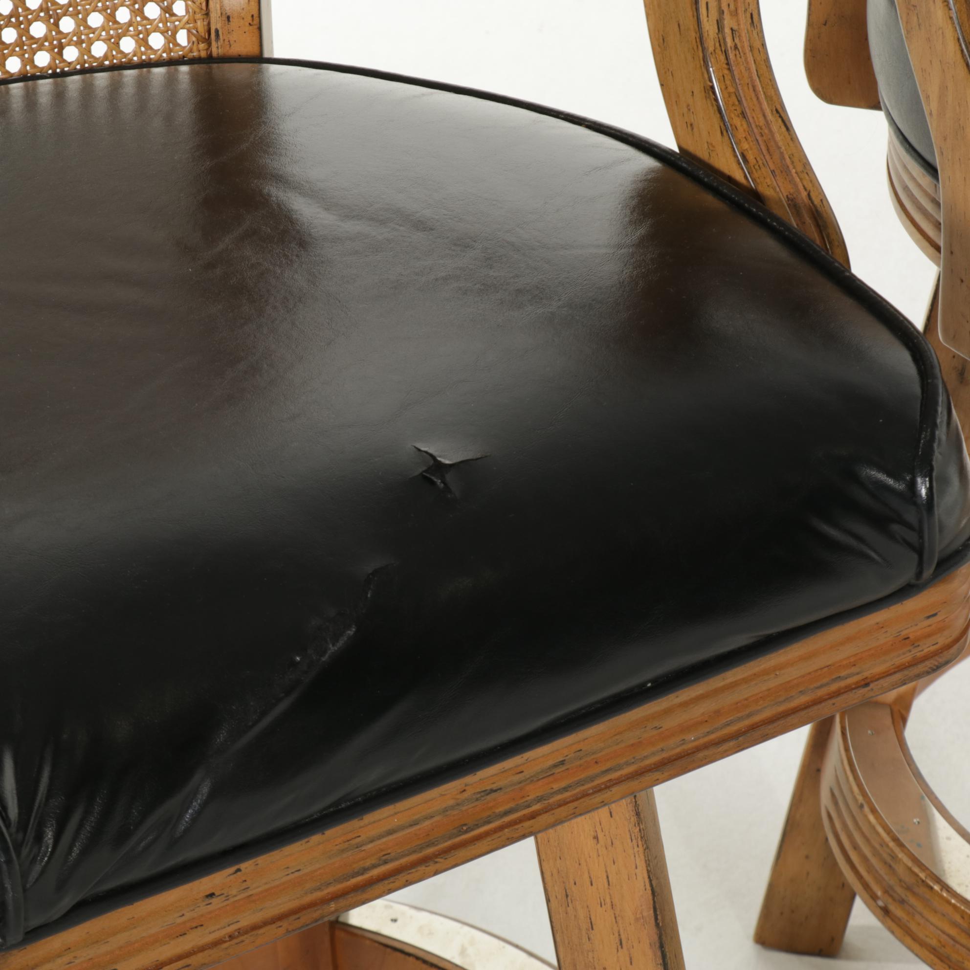 Five Mikhail Darafeev Cane Back Maple Swivel Barstools and Armchair