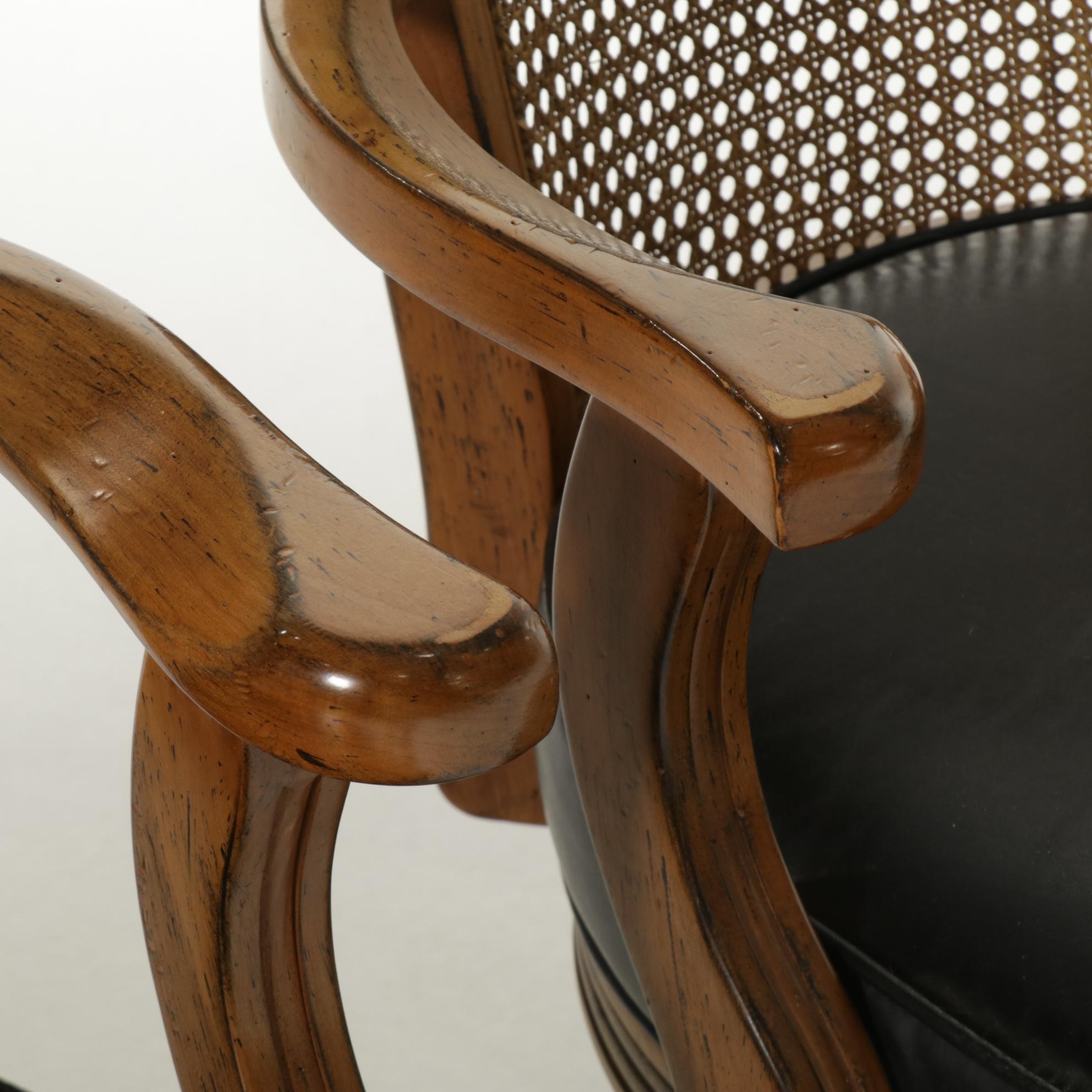 Five Mikhail Darafeev Cane Back Maple Swivel Barstools and Armchair