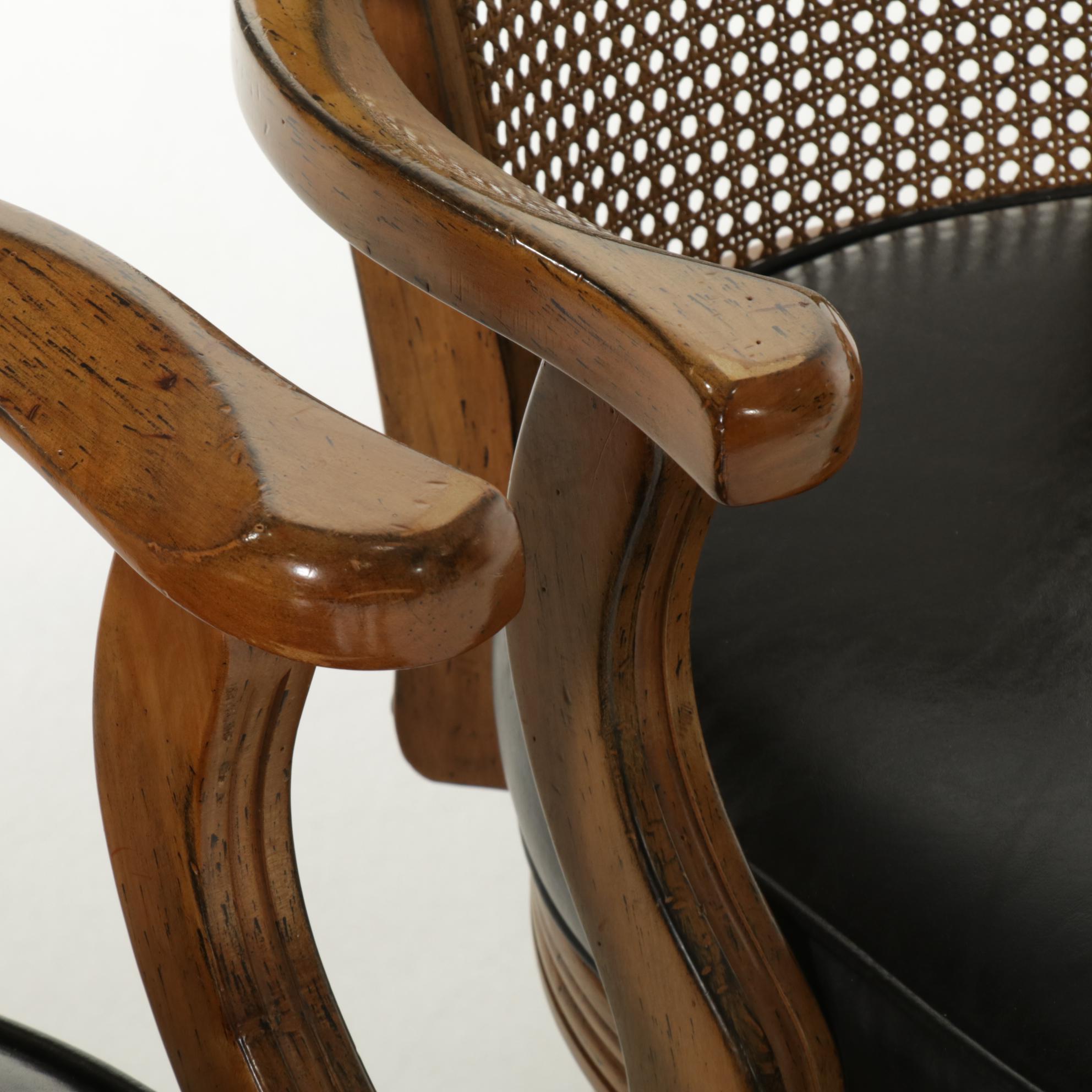 Five Mikhail Darafeev Cane Back Maple Swivel Barstools and Armchair