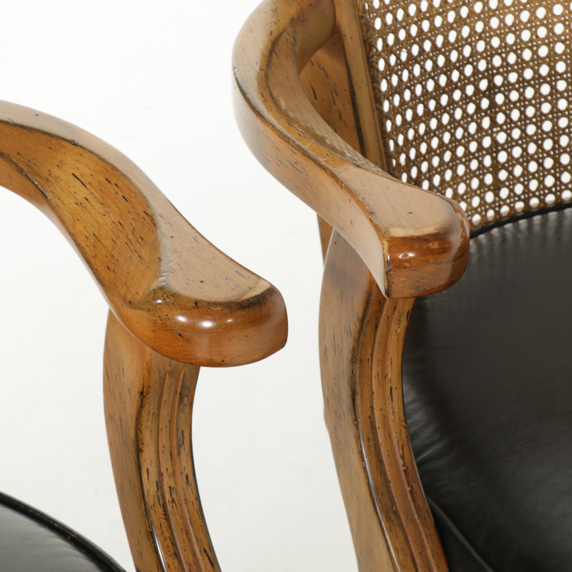 Five Mikhail Darafeev Cane Back Maple Swivel Barstools and Armchair