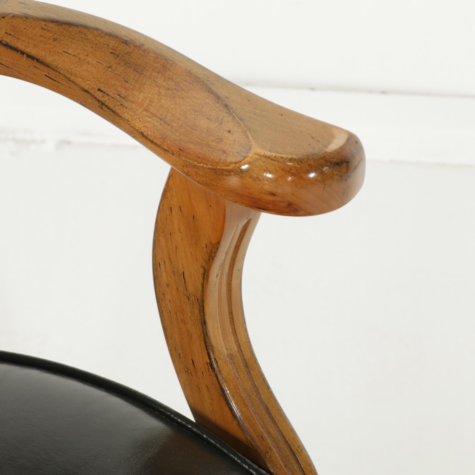 Five Mikhail Darafeev Cane Back Maple Swivel Barstools and Armchair