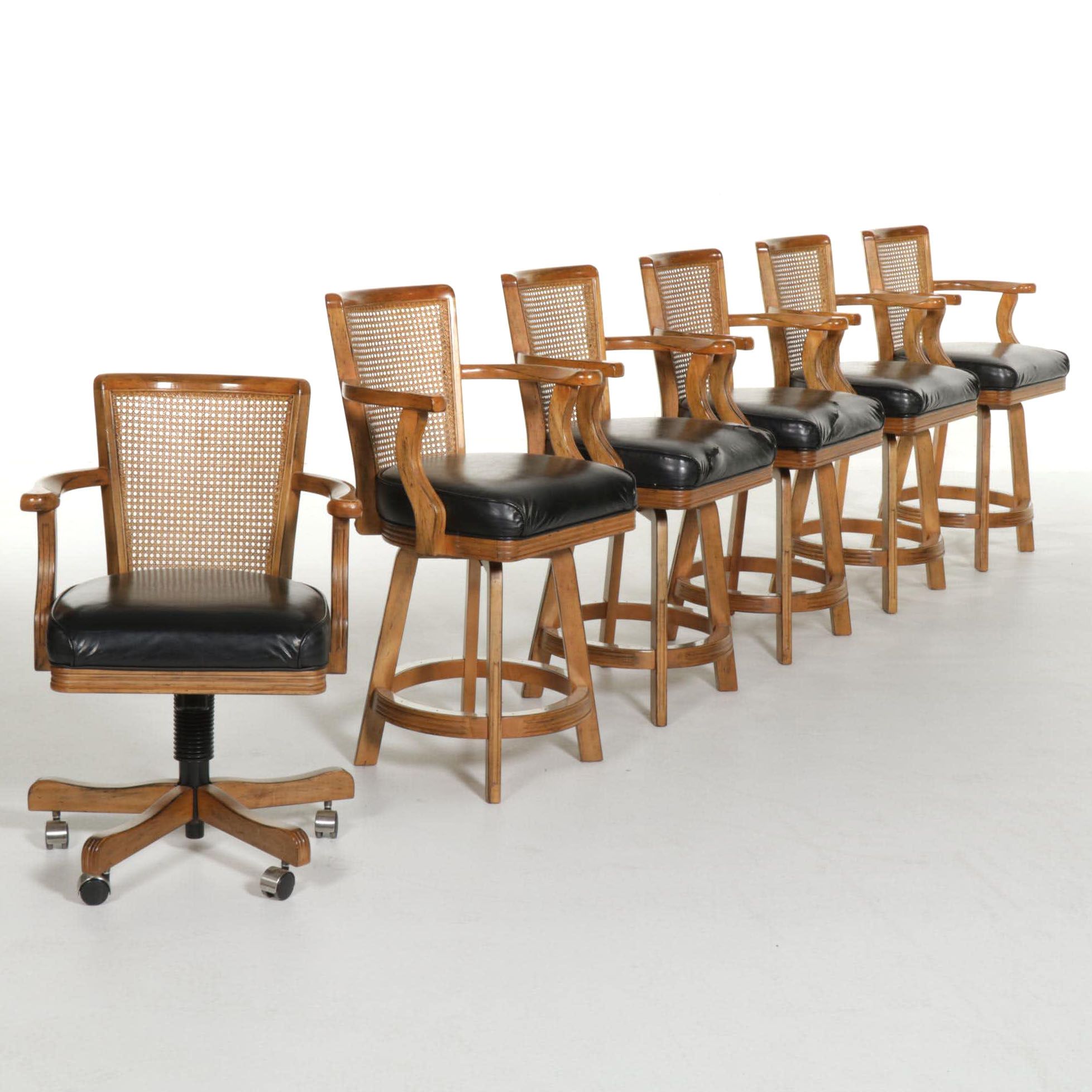 Five Mikhail Darafeev Cane Back Maple Swivel Barstools and Armchair