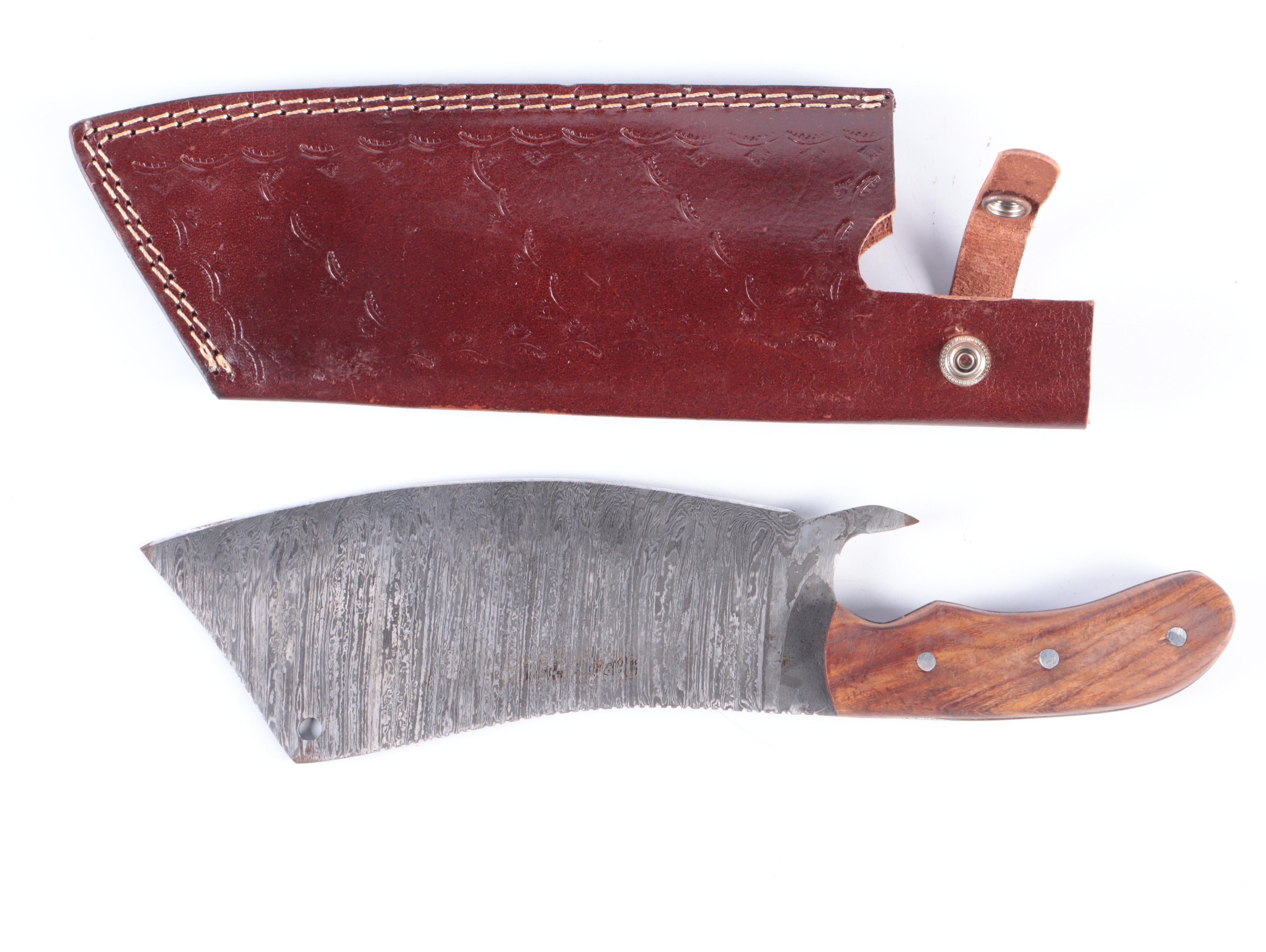 Damascus Steel Cleaver and Fixed Blade Hunting Knives with Leather Scabbards