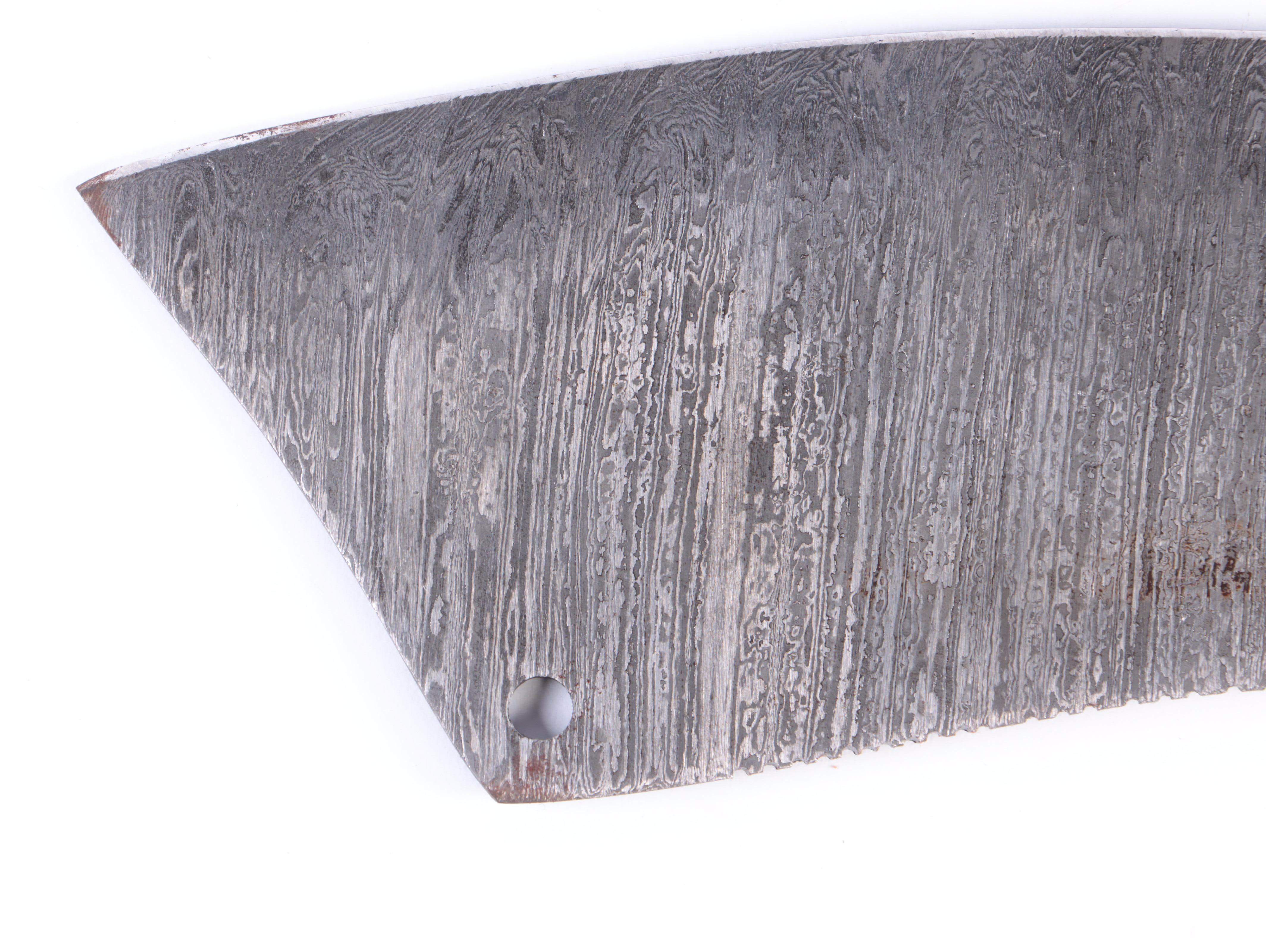 Damascus Steel Cleaver and Fixed Blade Hunting Knives with Leather Scabbards