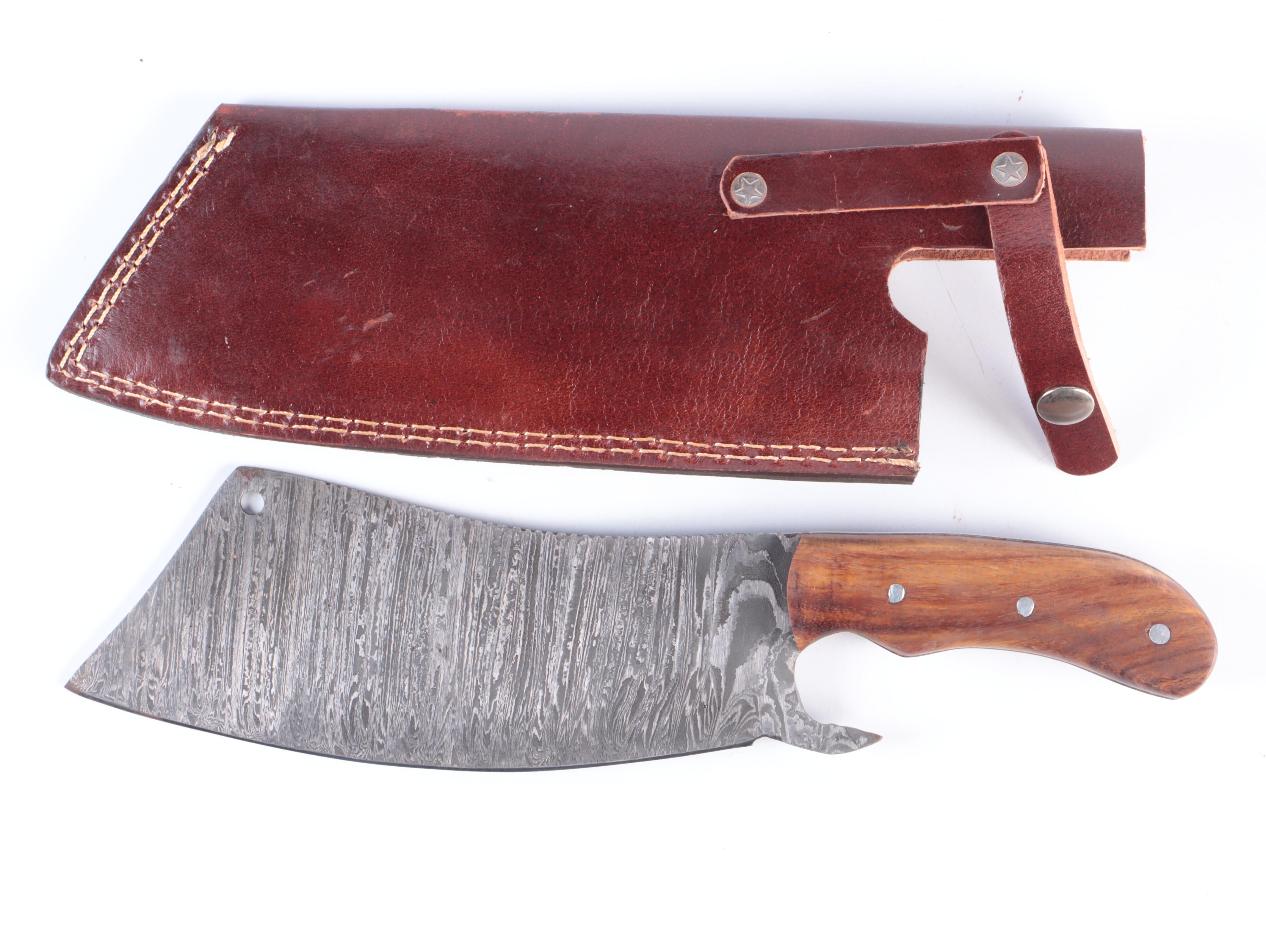 Damascus Steel Cleaver and Fixed Blade Hunting Knives with Leather Scabbards