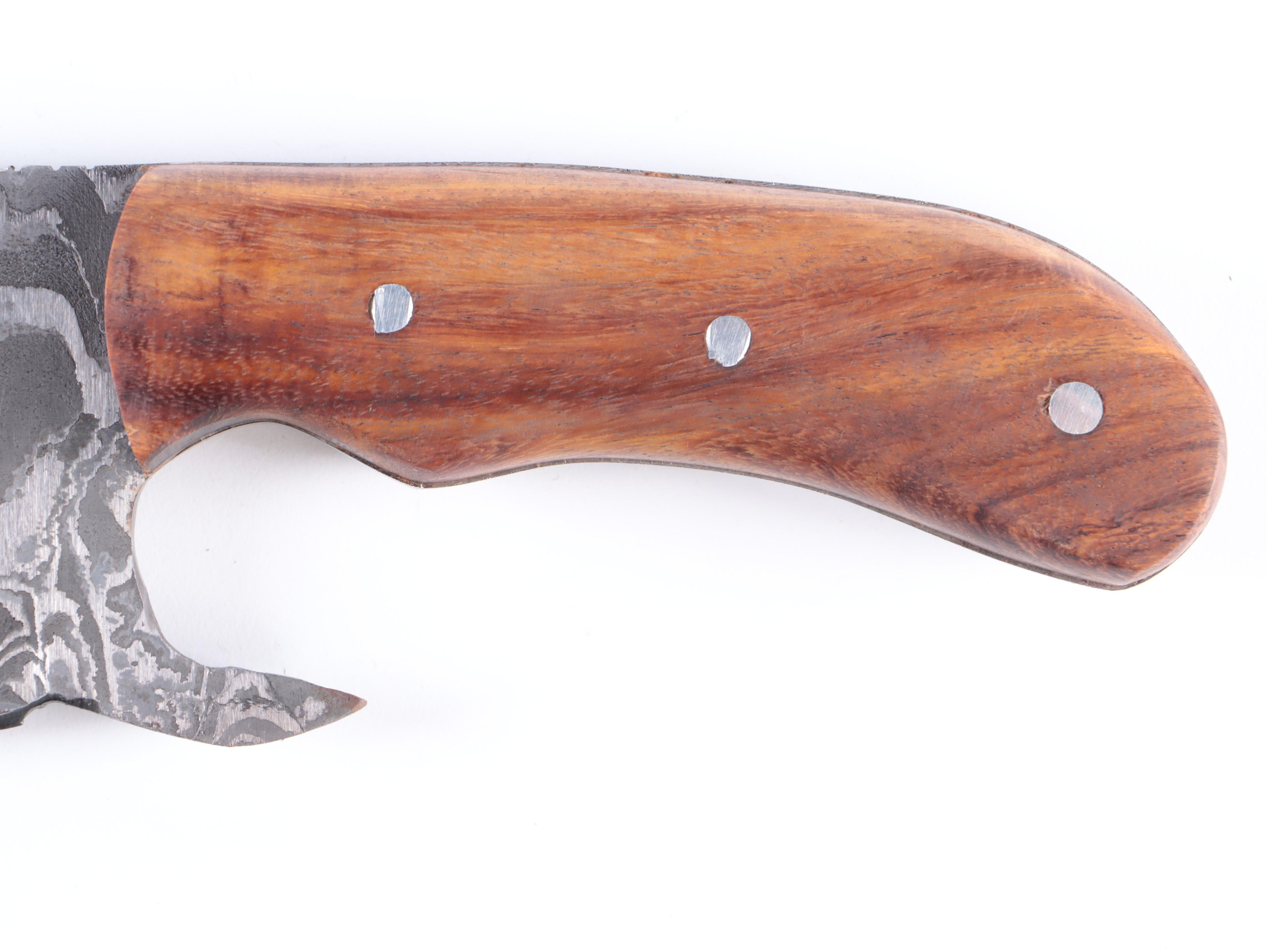 Damascus Steel Cleaver and Fixed Blade Hunting Knives with Leather Scabbards