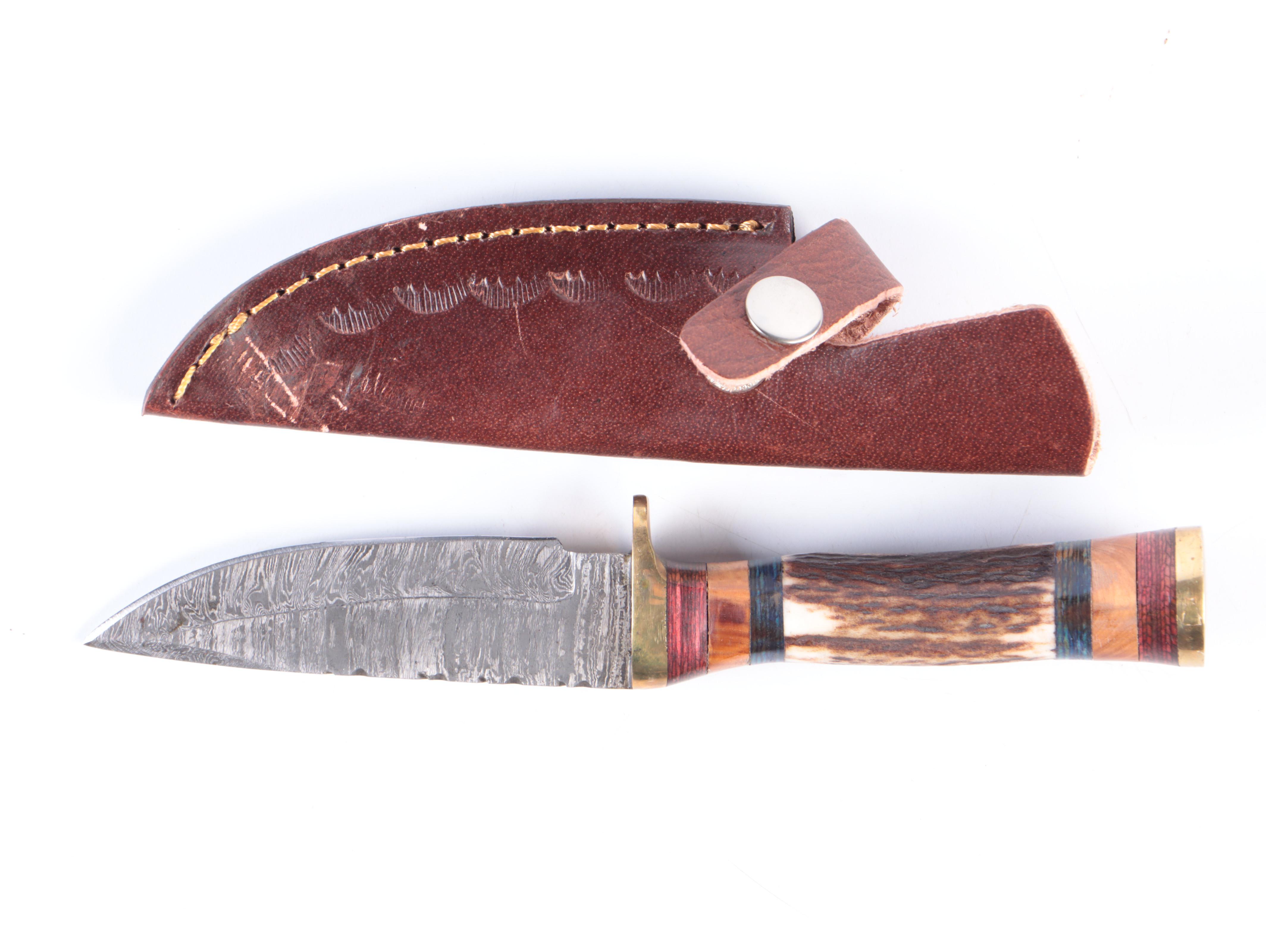 Damascus Steel Cleaver and Fixed Blade Hunting Knives with Leather Scabbards