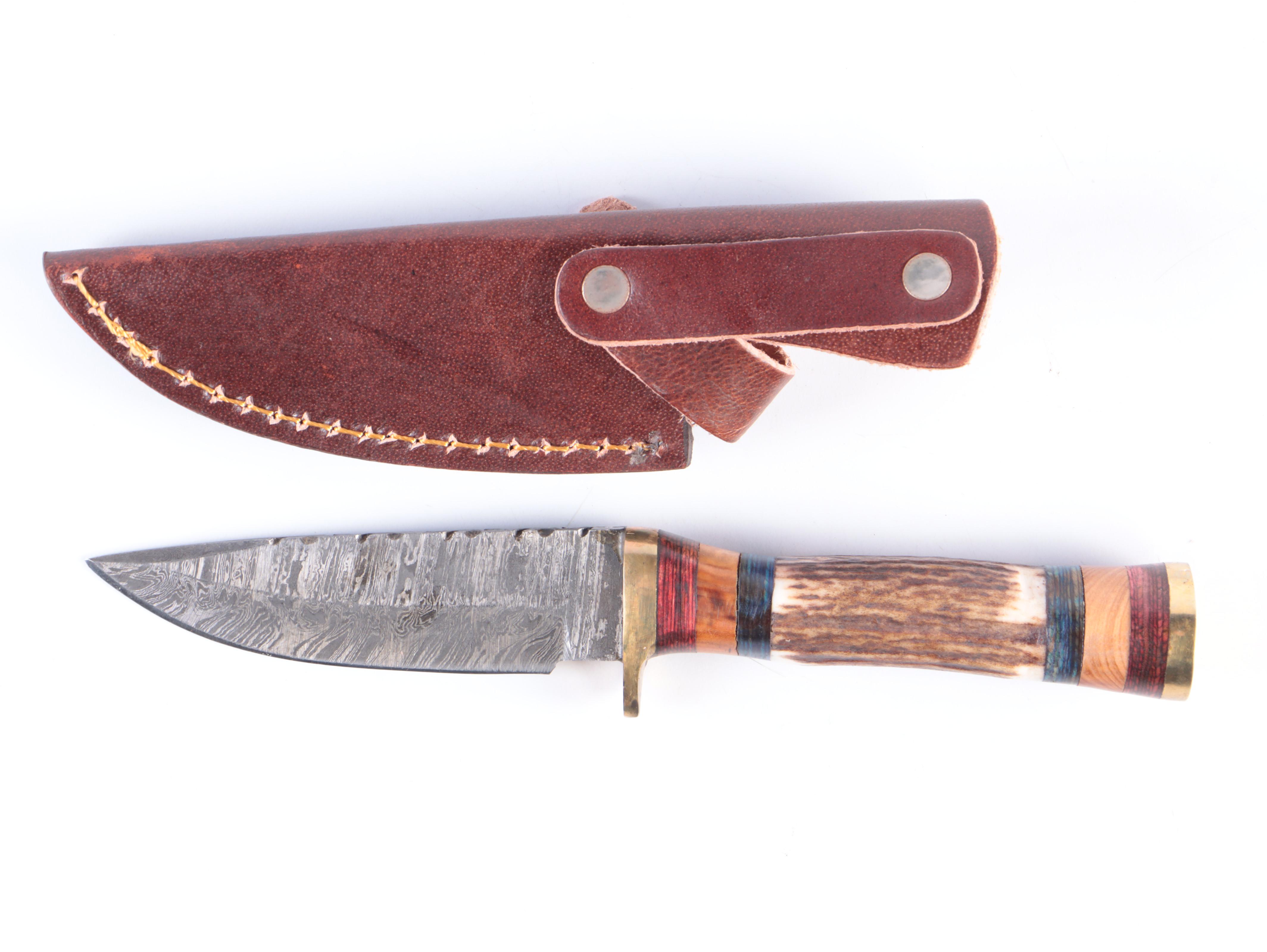 Damascus Steel Cleaver and Fixed Blade Hunting Knives with Leather Scabbards