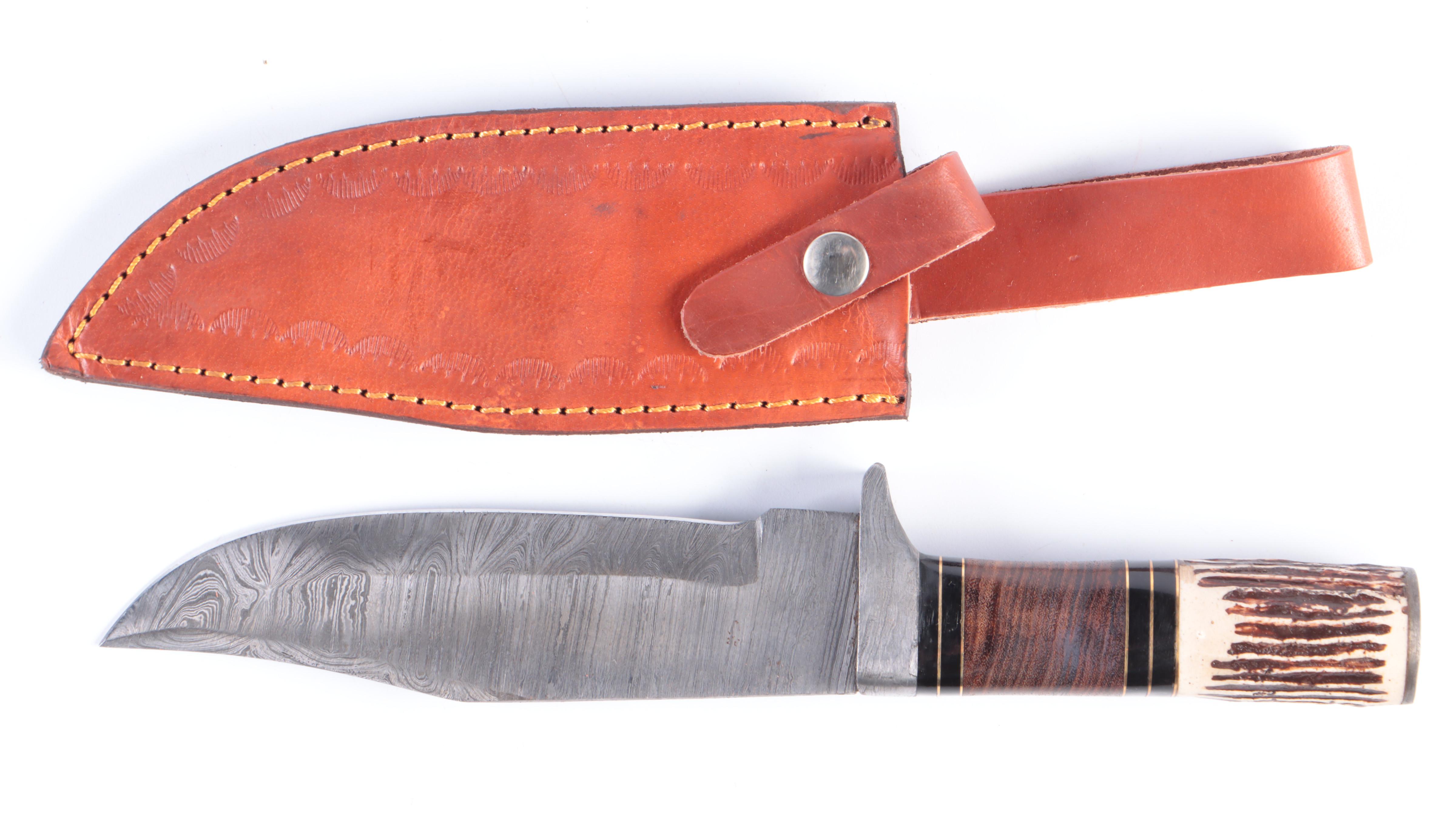 Damascus Steel Cleaver and Fixed Blade Hunting Knives with Leather Scabbards