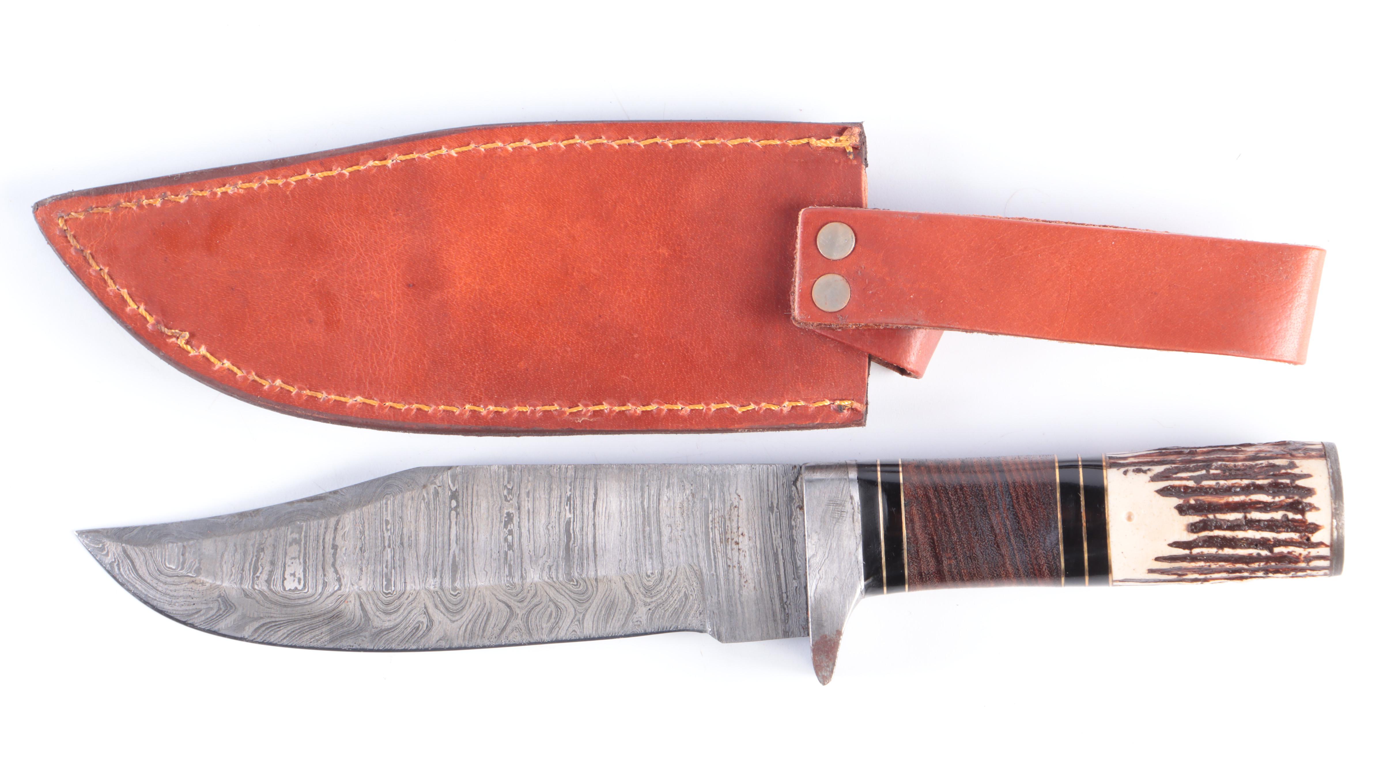 Damascus Steel Cleaver and Fixed Blade Hunting Knives with Leather Scabbards