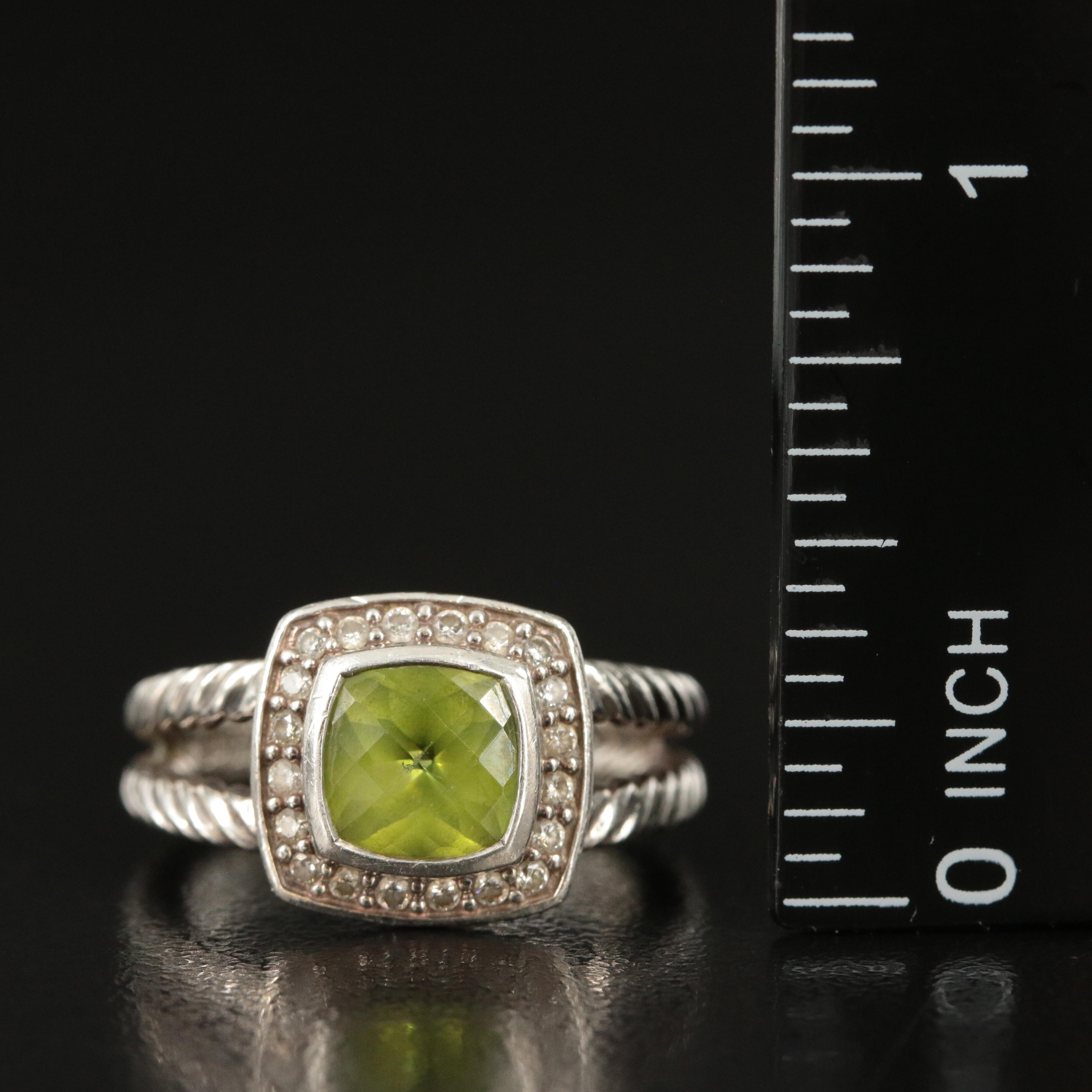David Yurman Petite "Albion" Sterling, Peridot and 0.22 CTW Diamond Ring