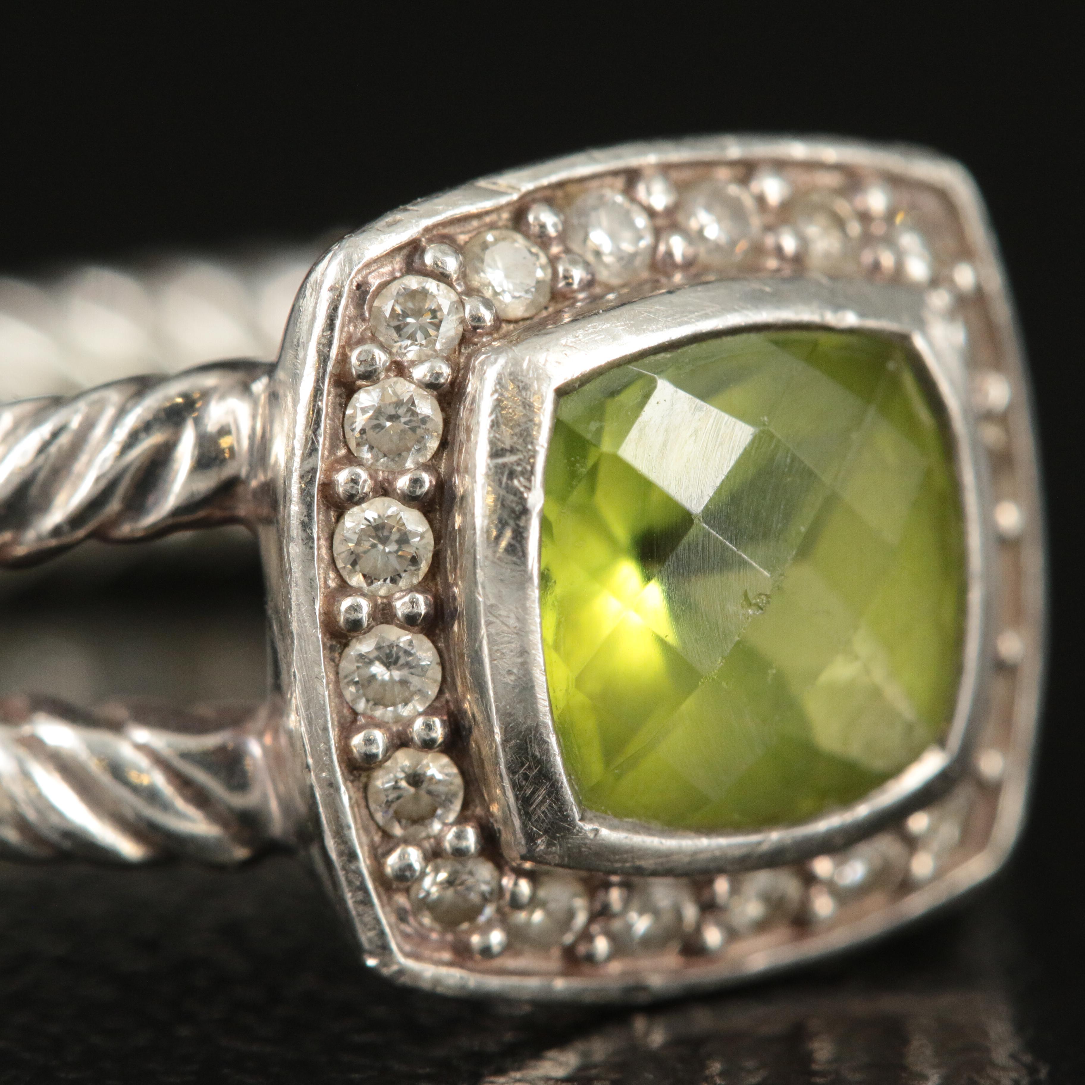 David Yurman Petite "Albion" Sterling, Peridot and 0.22 CTW Diamond Ring