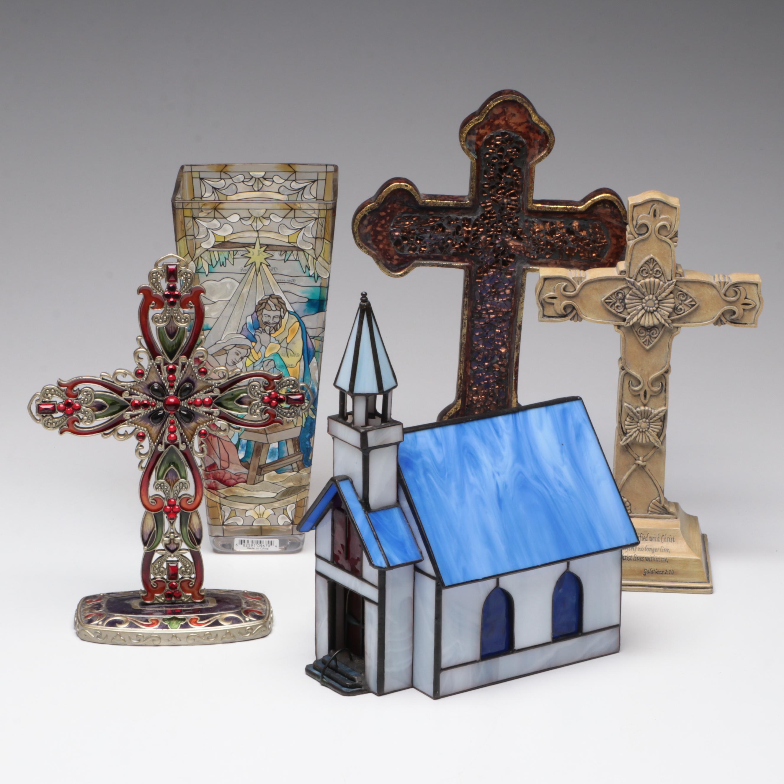 Enamel, Metal and Resin Crosses, Amia Stained Glass Vase, Slag Glass Church Lamp