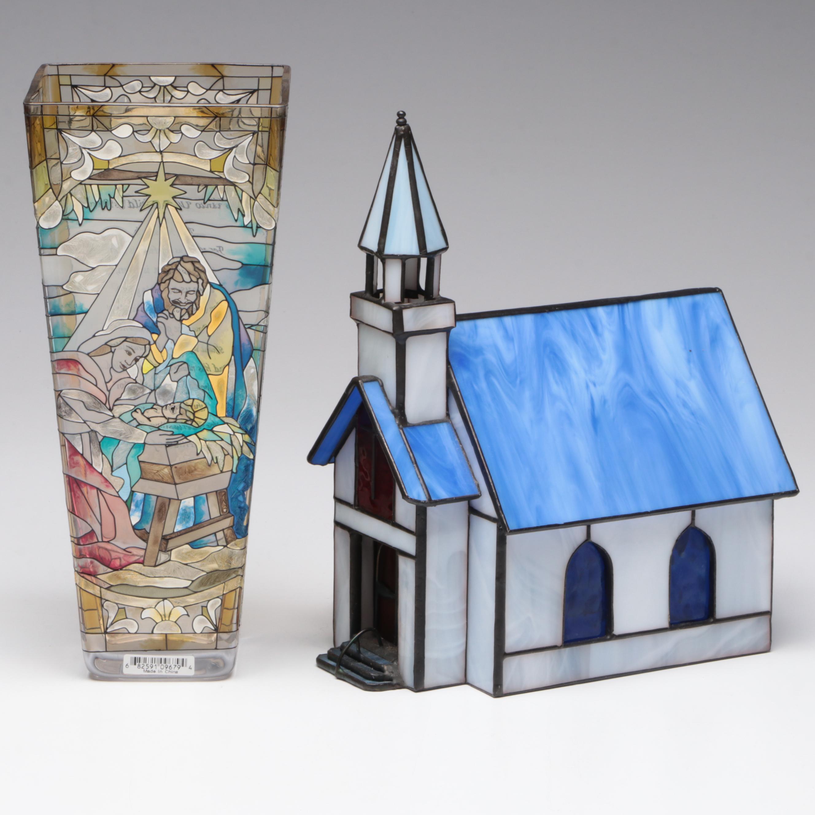 Enamel, Metal and Resin Crosses, Amia Stained Glass Vase, Slag Glass Church Lamp