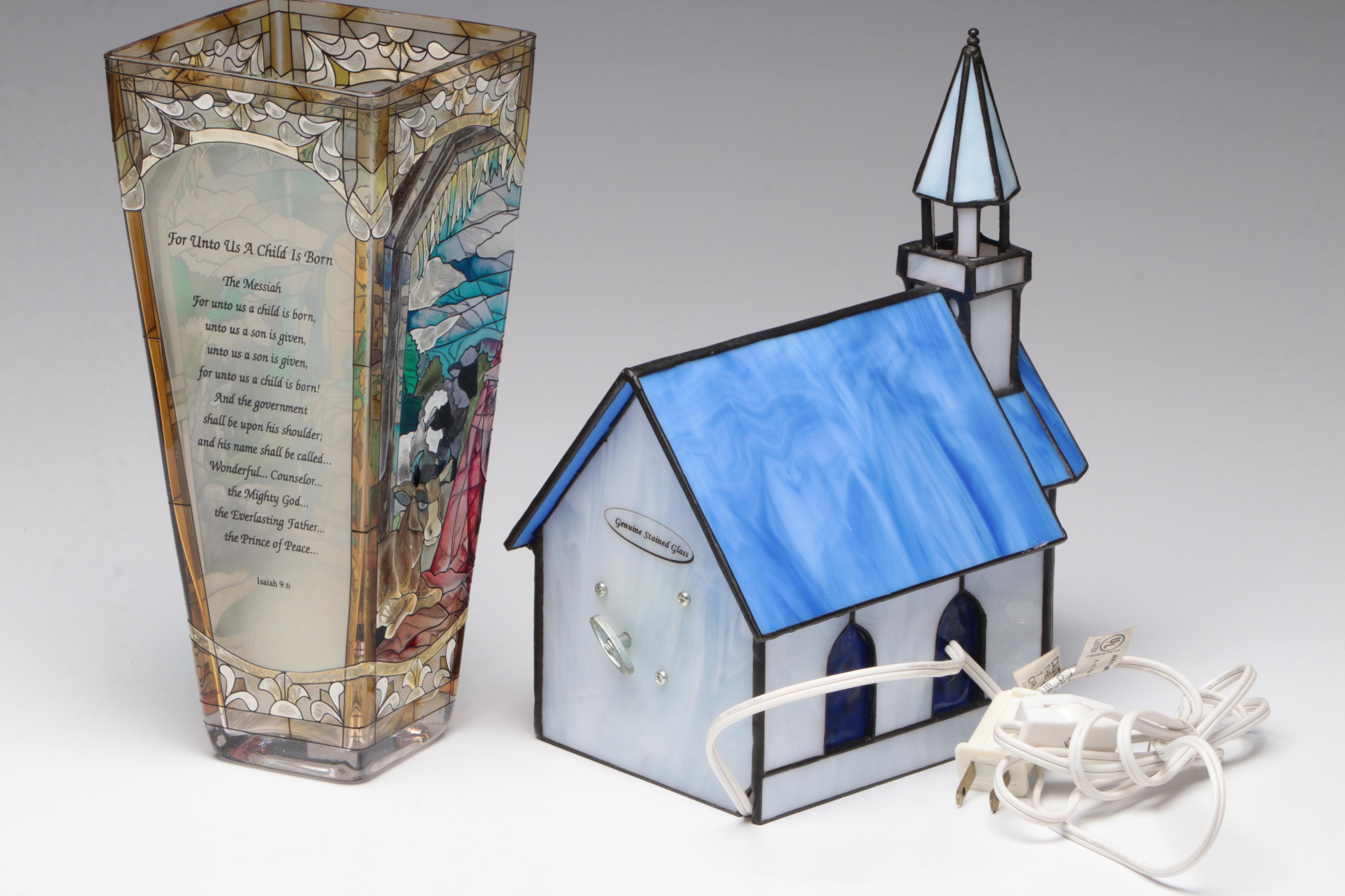 Enamel, Metal and Resin Crosses, Amia Stained Glass Vase, Slag Glass Church Lamp