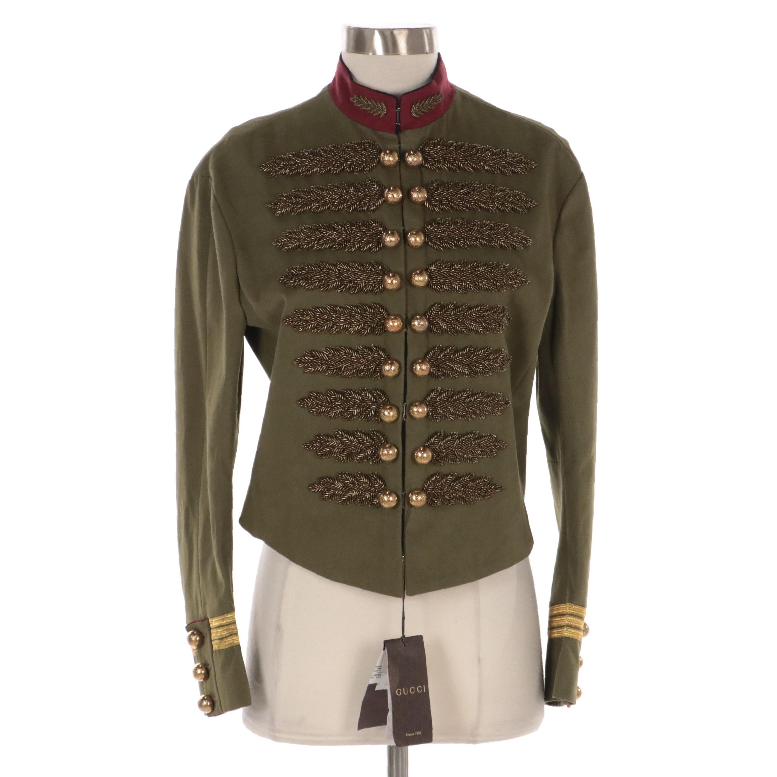 Gucci Foliate Embroidered Green Military Style Jacket, New with Tags
