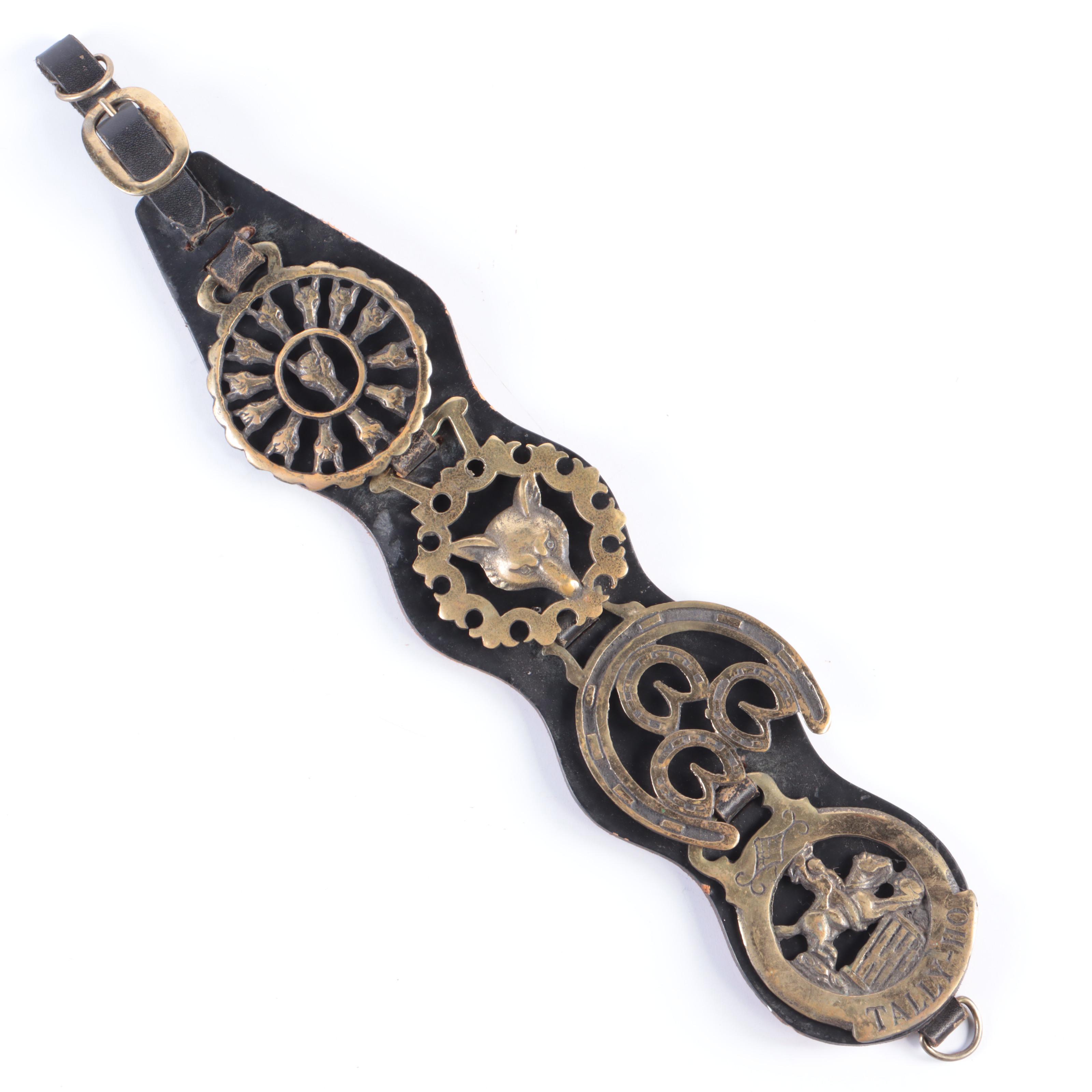 English Horse Brasses on Leather Strap, Early to Mid-20th Century