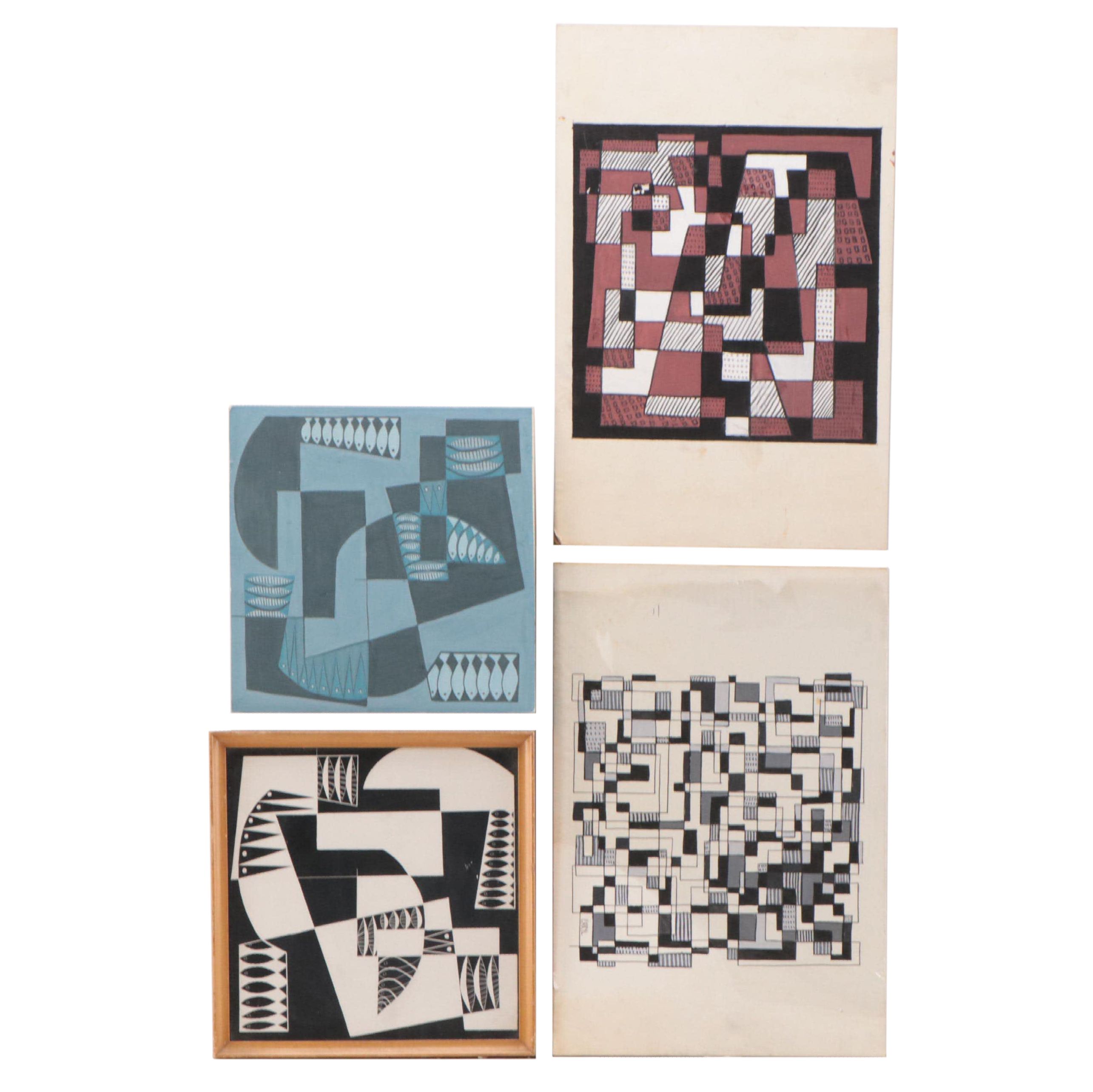Post-Modern Abstract Lino-Block, Paintings